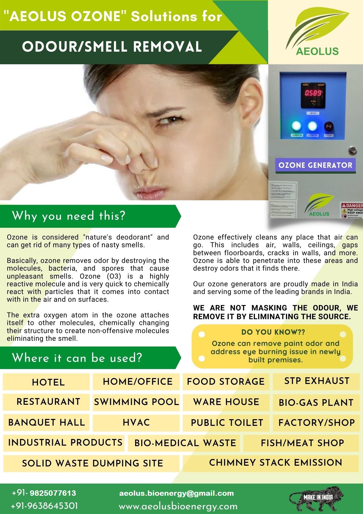 Aeolus Ozone Disinfectant Solution - Ozone Generator-based Sterilizer, Advanced Oxidation Technology For Pathogen Inactivation And Odour Control