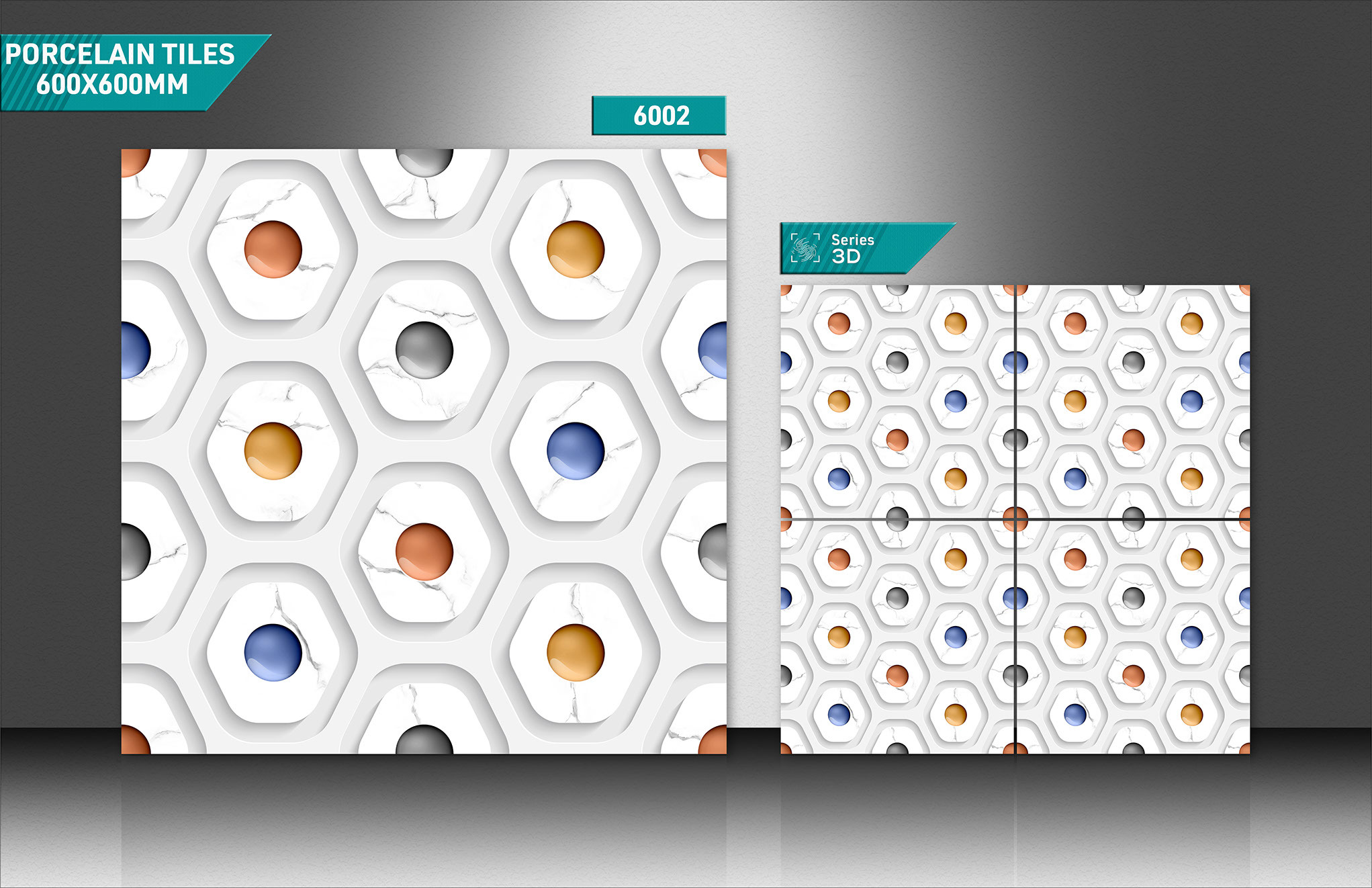 3d Porcelain Tiles - 600x600mm, 9mm Thick | Acid-resistant, Non-slip, Abrasion Resistant, Polished Finish, Stain Proof, Multi-color Options