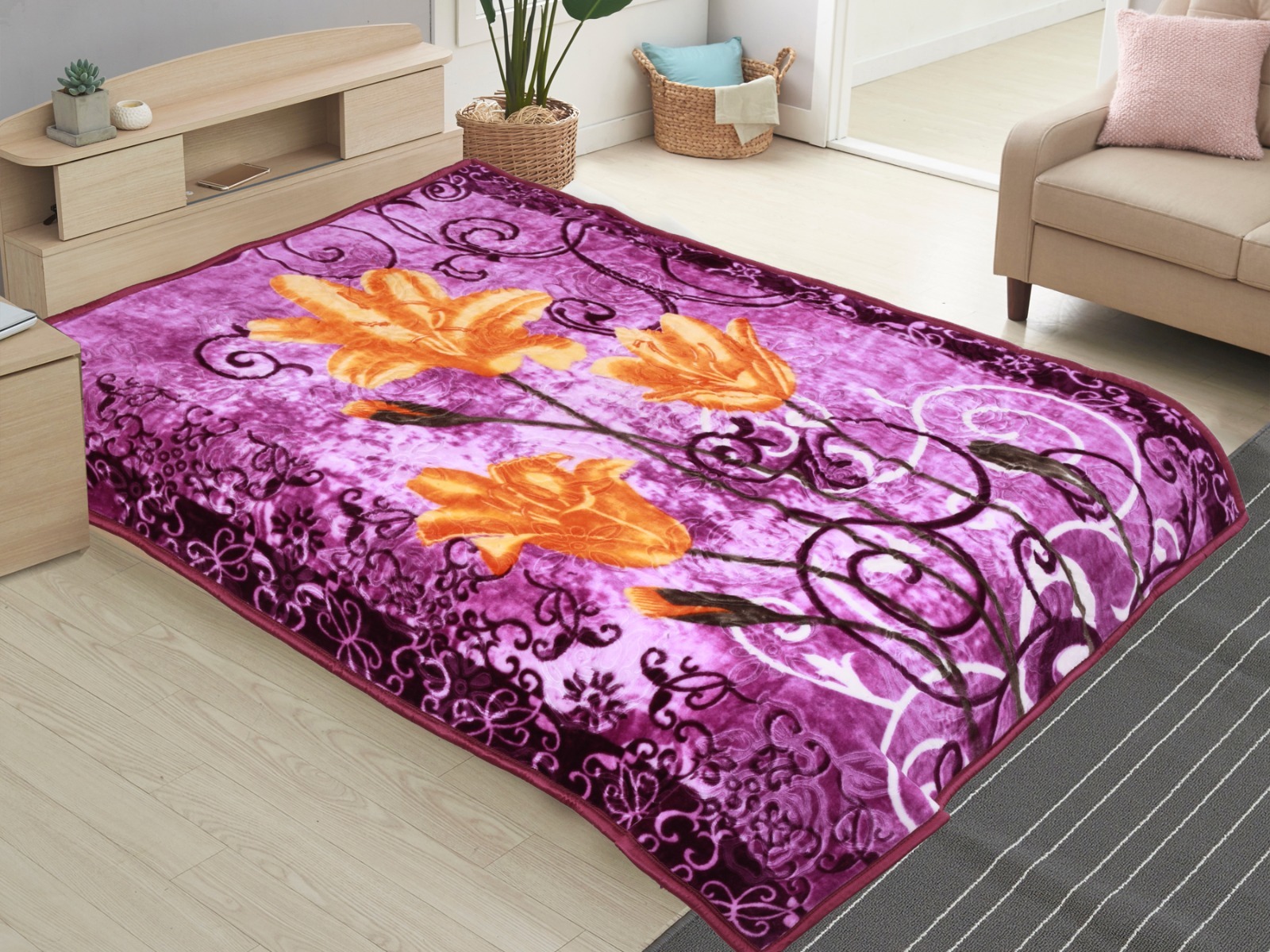 Flower Print Mink Blanket - 100% Cotton, Different Available Colors | Stylish Plain Design For Adults