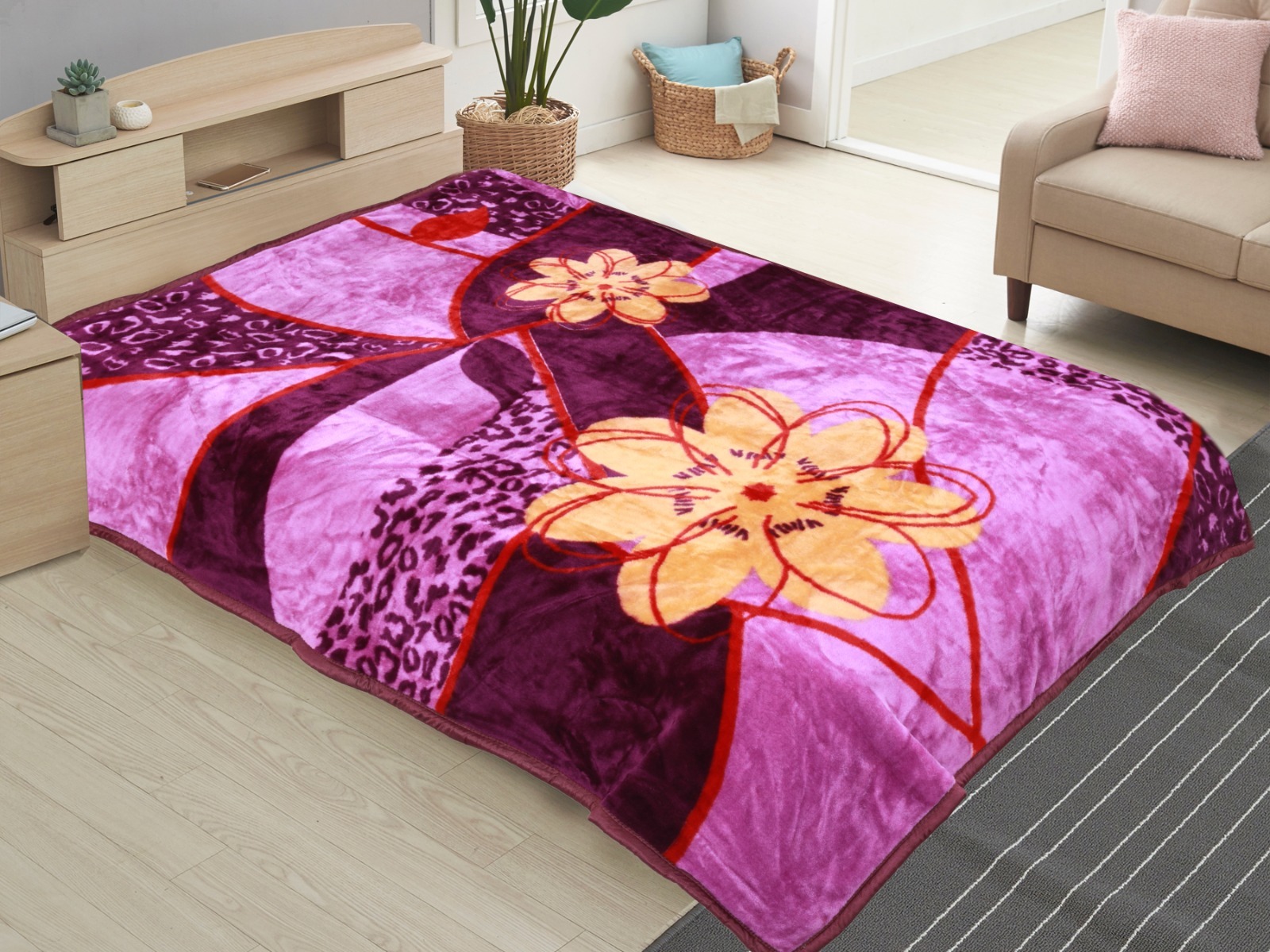 Flower Print Mink Blanket - 100% Cotton, Different Available Colors | Stylish Plain Design For Adults