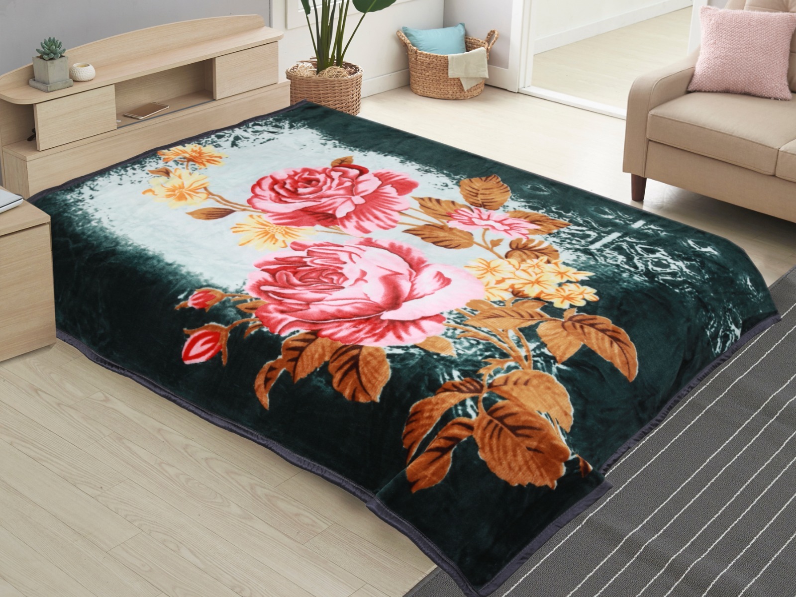 Flower Print Mink Blanket - 100% Cotton, Different Available Colors | Stylish Plain Design For Adults