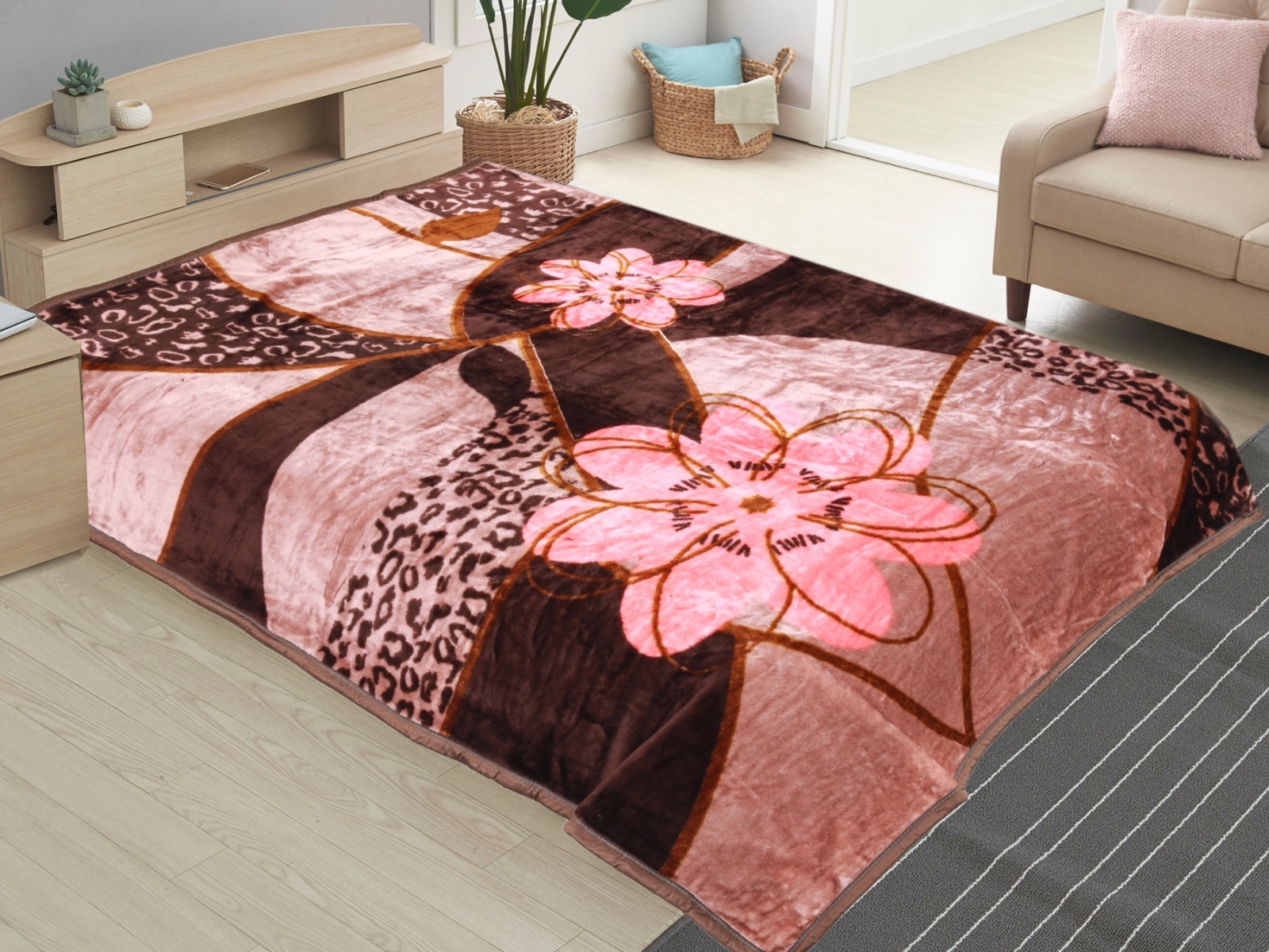 Flower Print Mink Blanket - 100% Cotton, Different Available Colors | Stylish Plain Design For Adults
