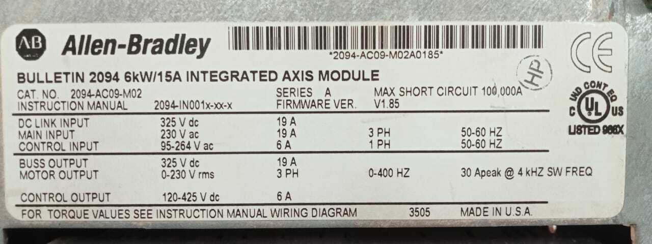 Allen Bradley 2094-ac09-m02 Servo Drive - 200 Volt Integrated Axis Module, 230 Vac, 19 A Continuous Output, Kinetix 6000 Series, 6 Kw Power Output