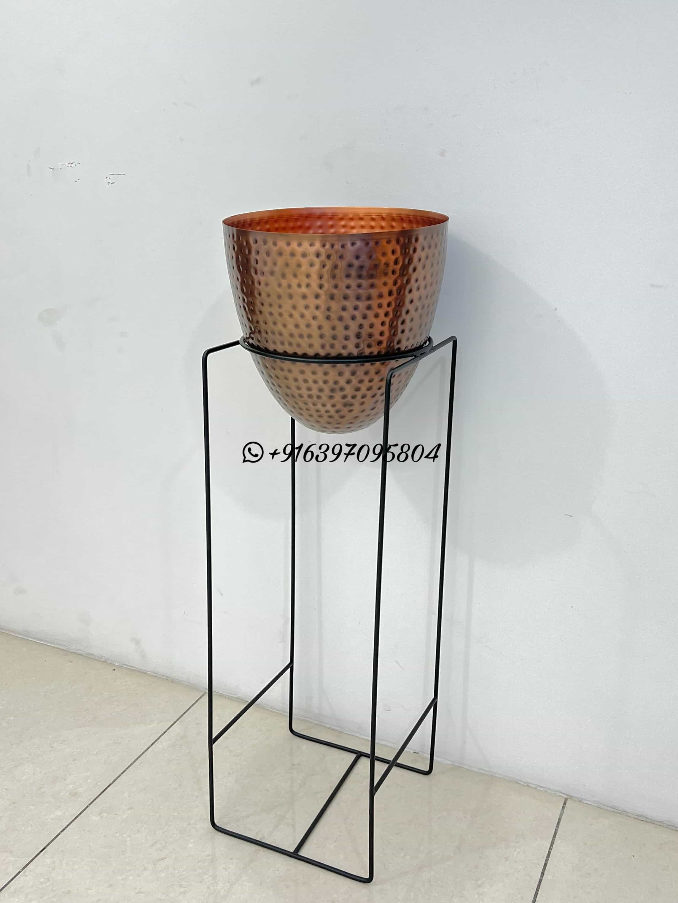 Atique Hammered Planter Pot With Matte Black Iron Stand For Decorations - Dimensions: 9x9x36 Inch (In)
