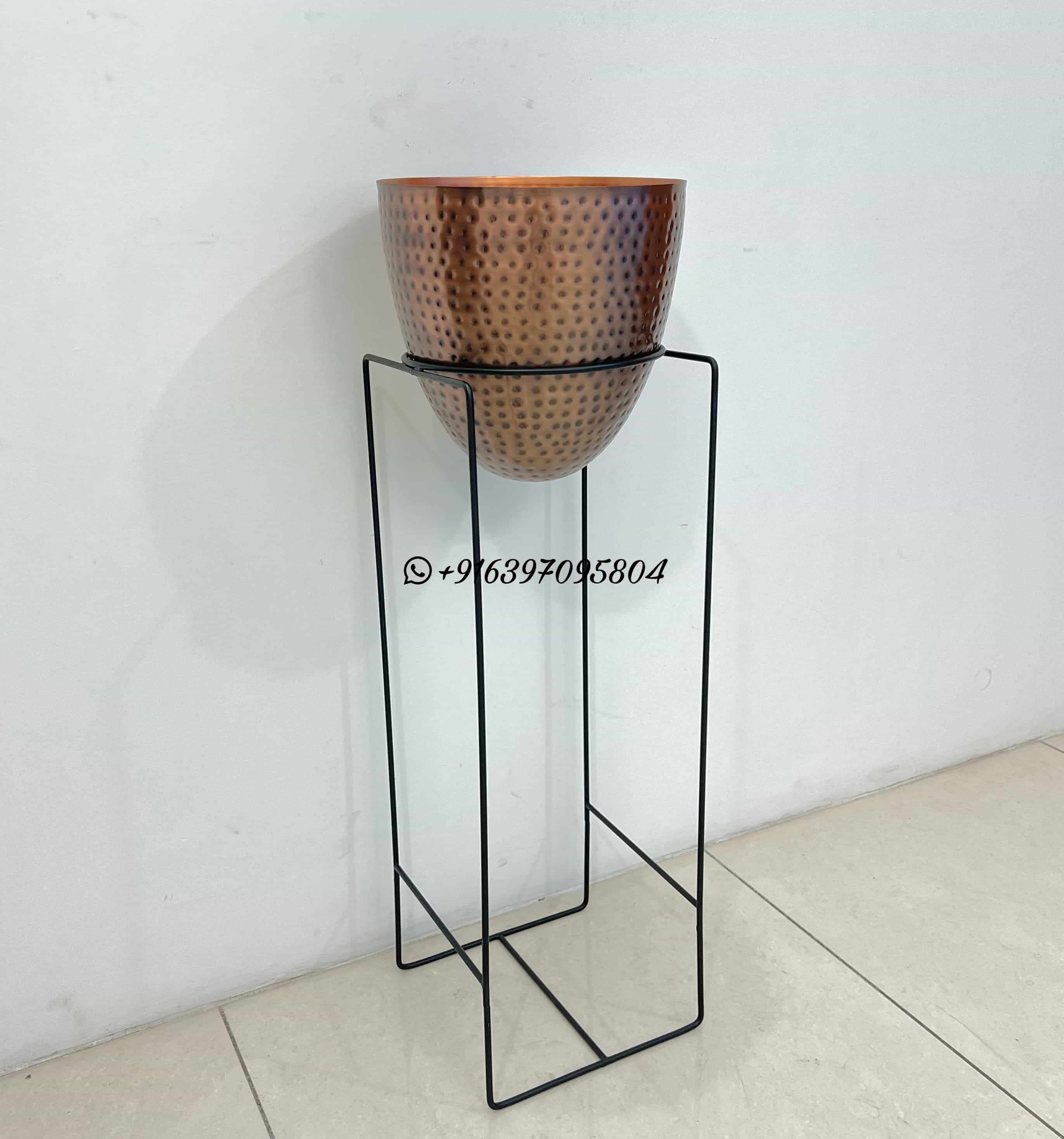 Atique Hammered Planter Pot With Matte Black Iron Stand For Decorations - Dimensions: 9x9x36 Inch (In)
