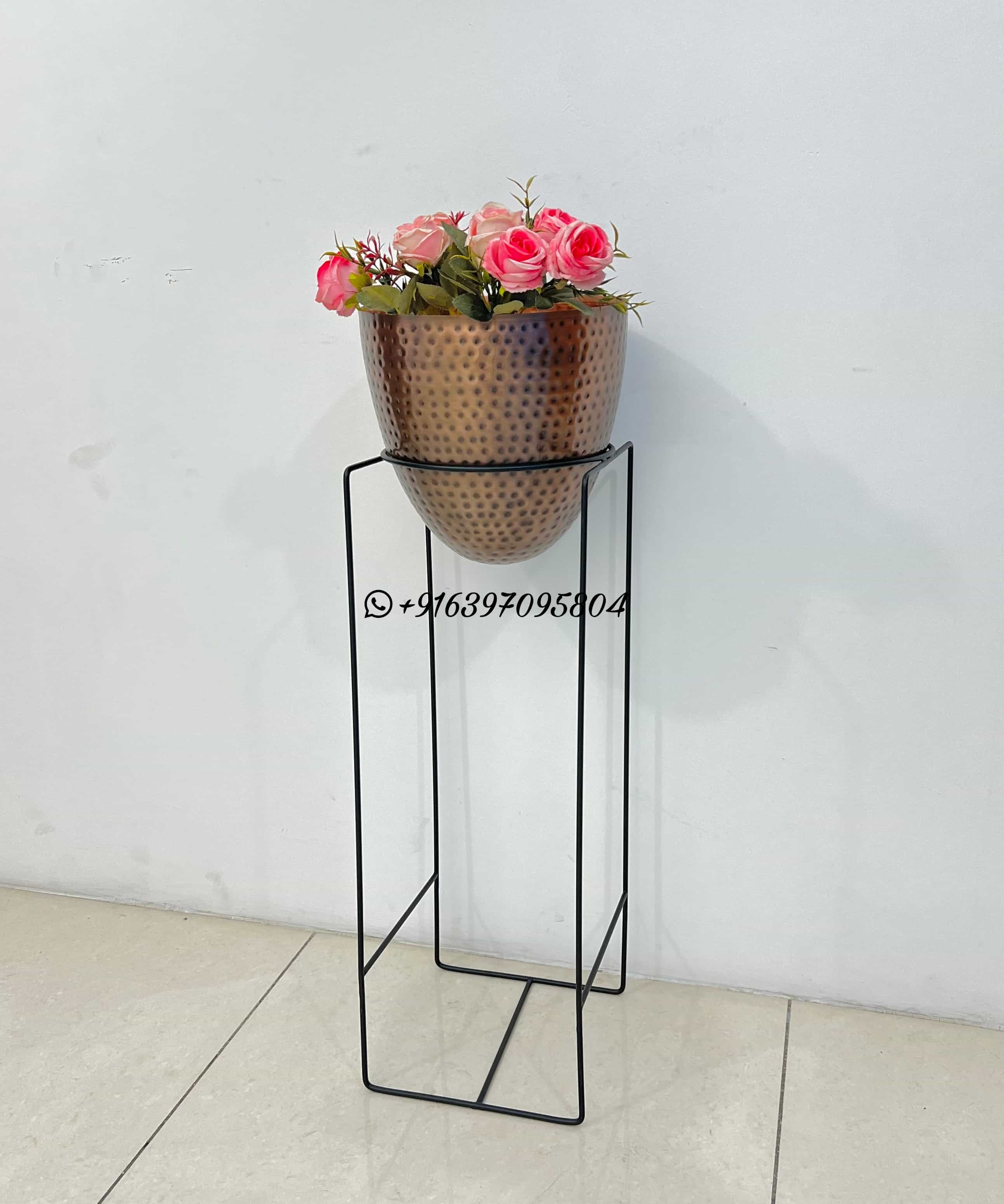 Atique Hammered Planter Pot With Matte Black Iron Stand For Decorations - Dimensions: 9x9x36 Inch (In)