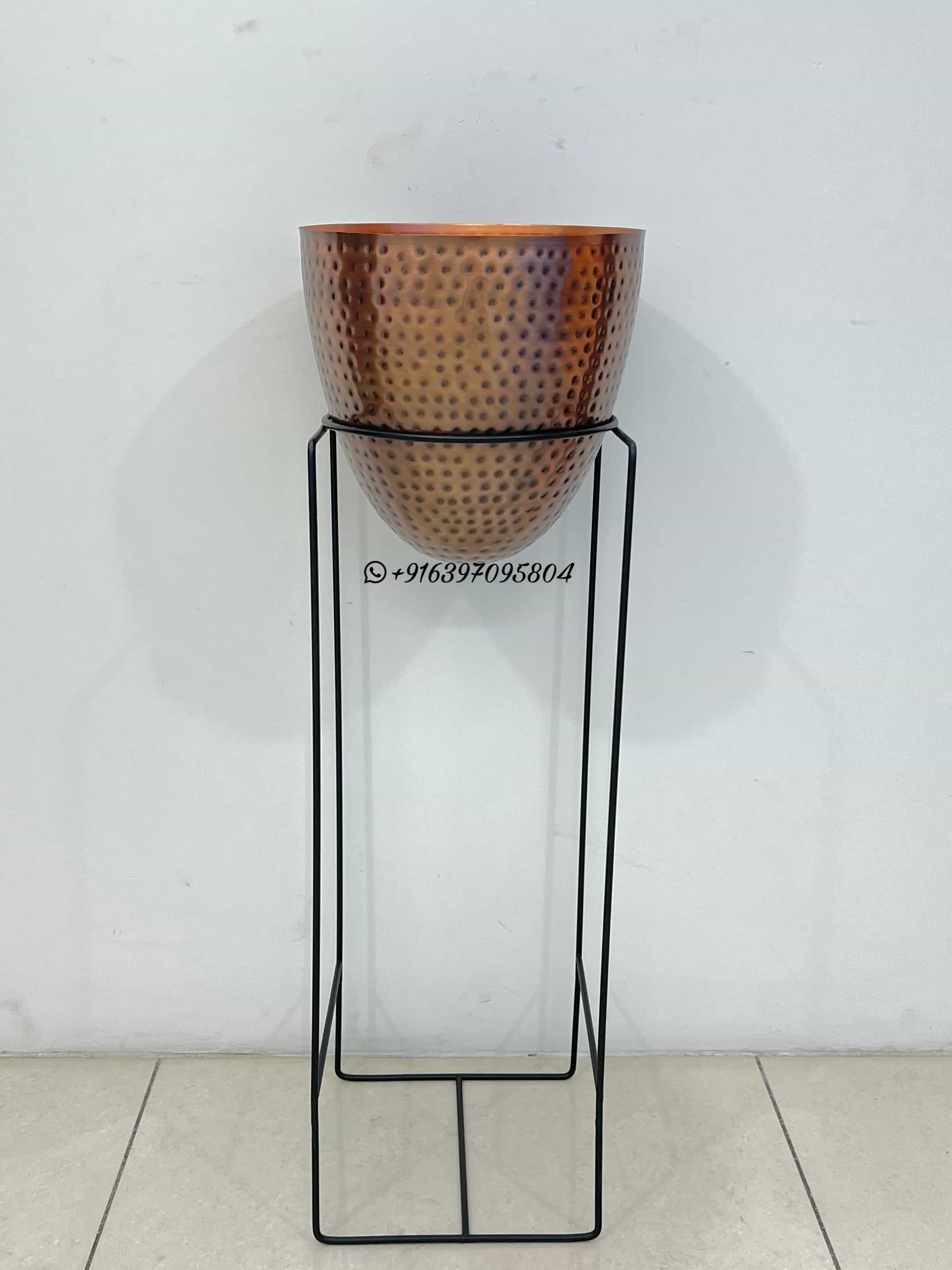 Atique Hammered Planter Pot With Matte Black Iron Stand For Decorations - Dimensions: 9x9x36 Inch (In)
