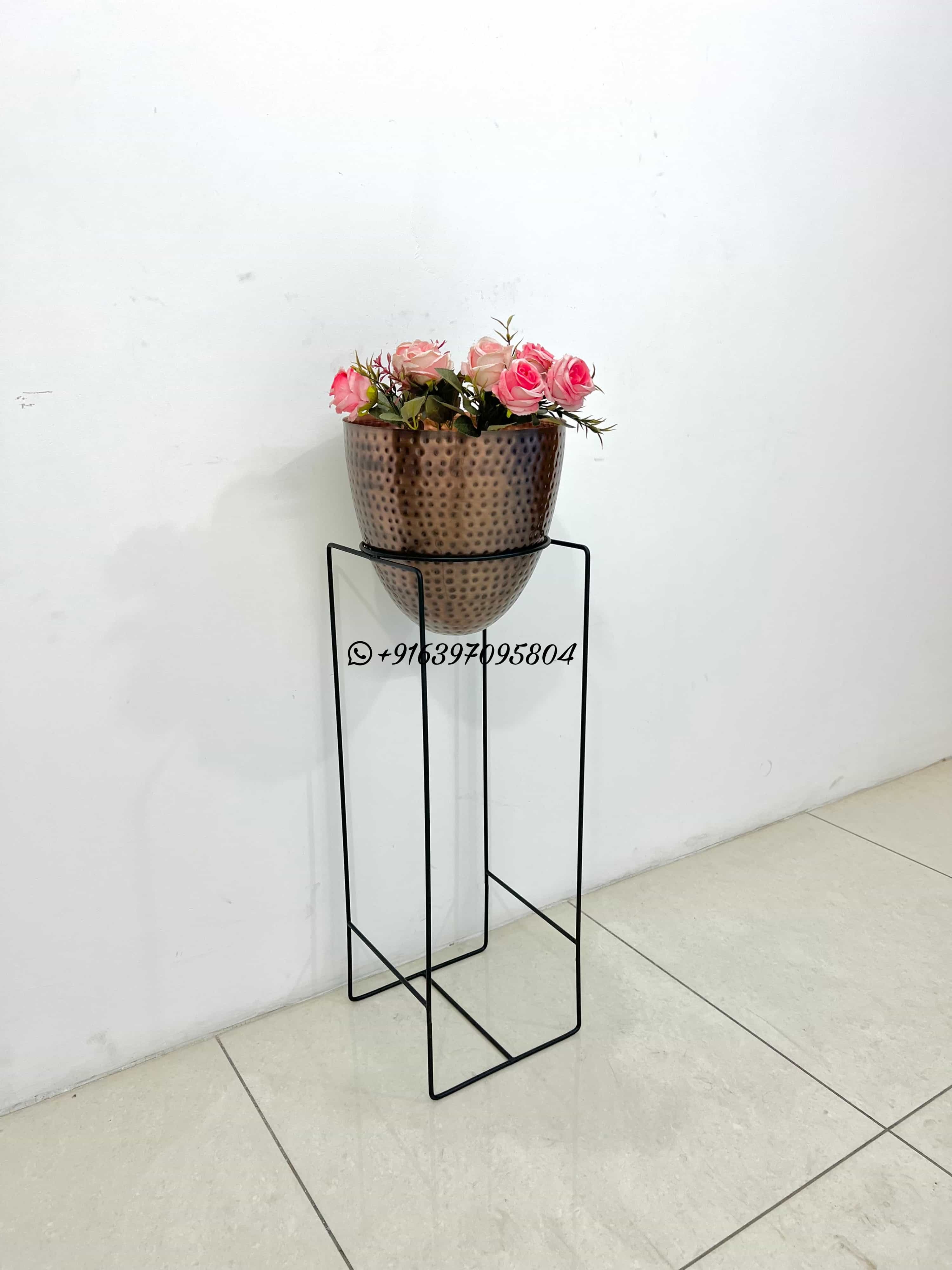Atique Hammered Planter Pot With Matte Black Iron Stand For Decorations - Dimensions: 9x9x36 Inch (In)