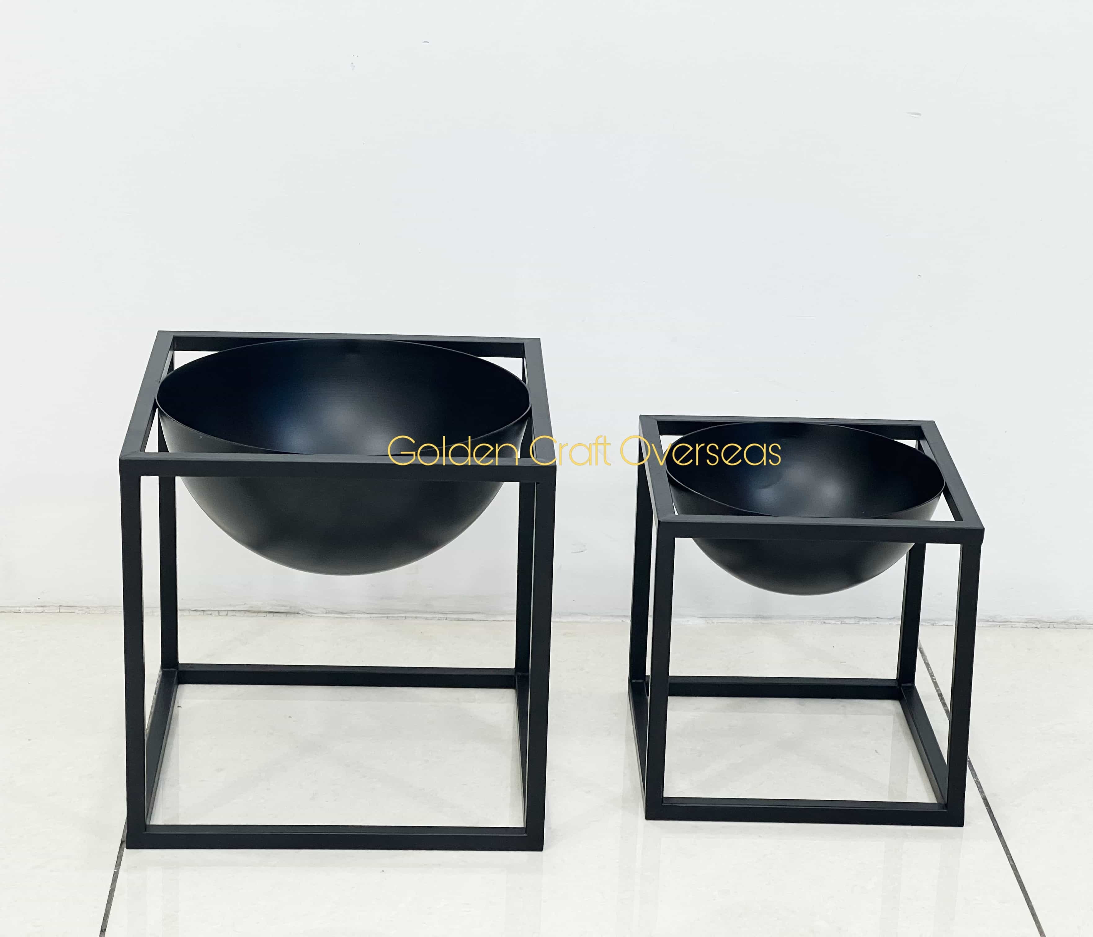 Small Planter Set Of 2 In Iron With Matte Black Powder Coated Finish For Table Or Floor Decorations - Dimensions: L-8x8x10