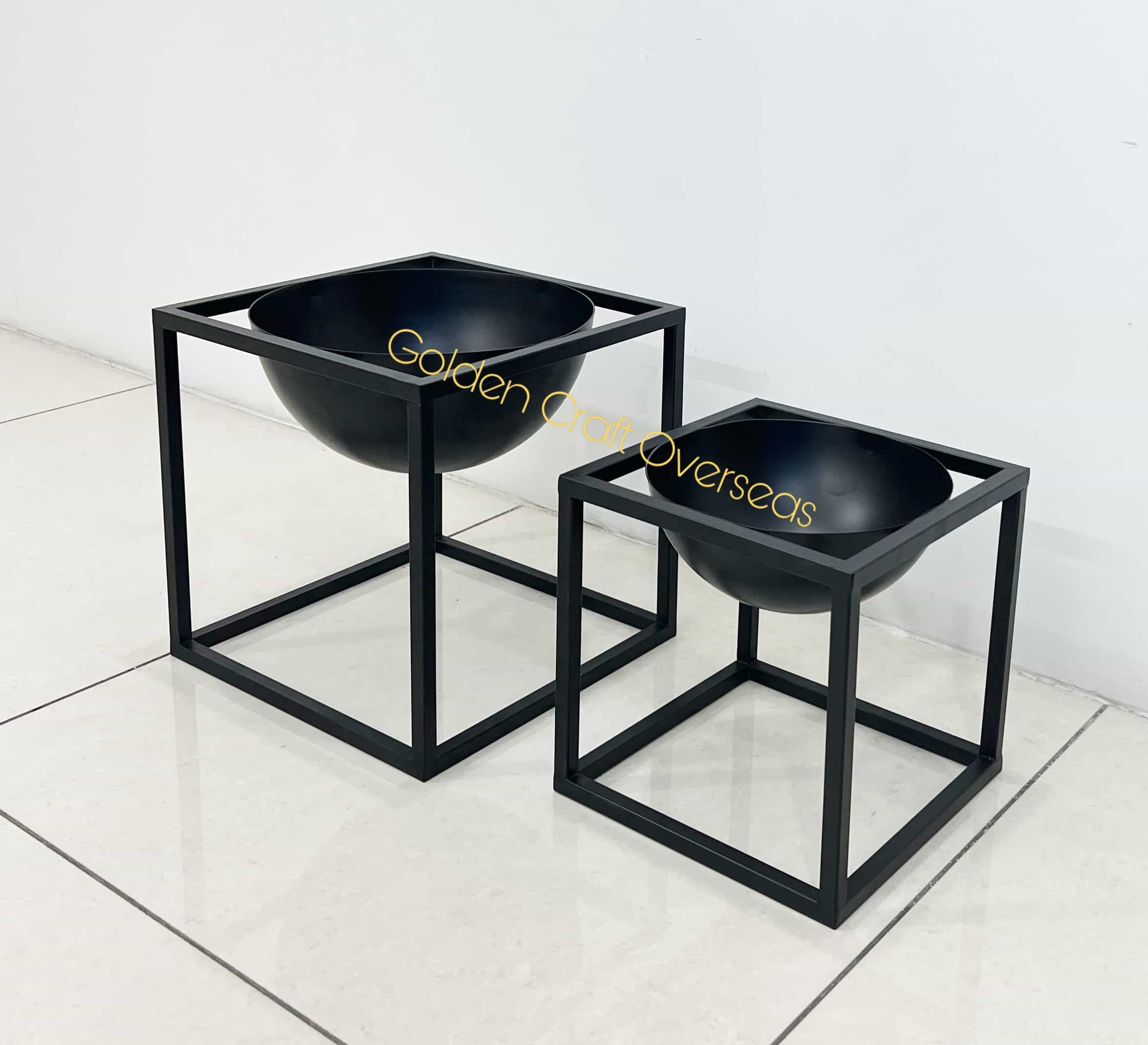 Small Planter Set Of 2 In Iron With Matte Black Powder Coated Finish For Table Or Floor Decorations - Dimensions: L-8x8x10