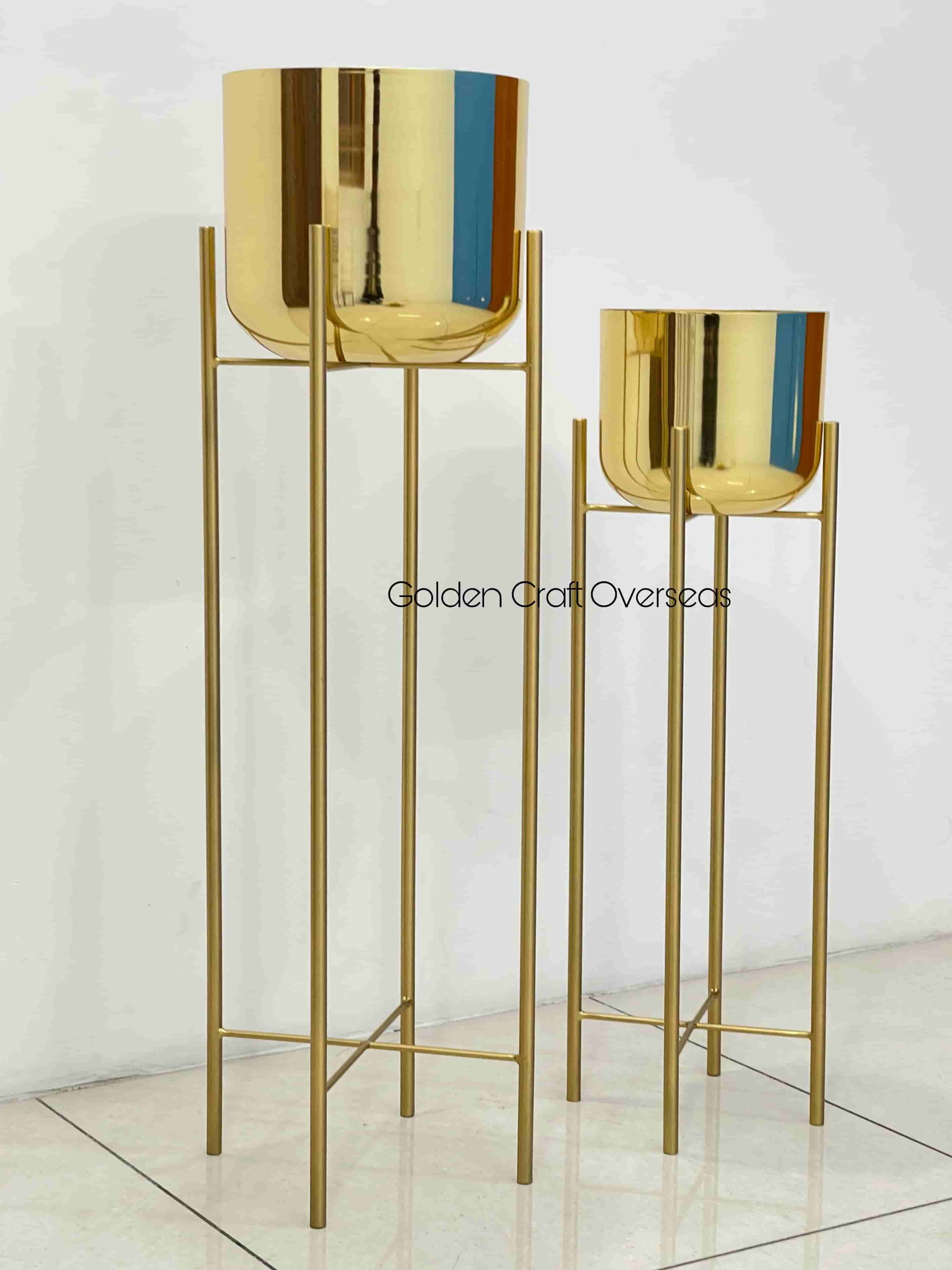 Gold Planter Set Of 2 - Iron Material, 9x9x26 & 9x9x30 Inches | Complete Gold Finish, Plated Pots With Powder Coated Stands