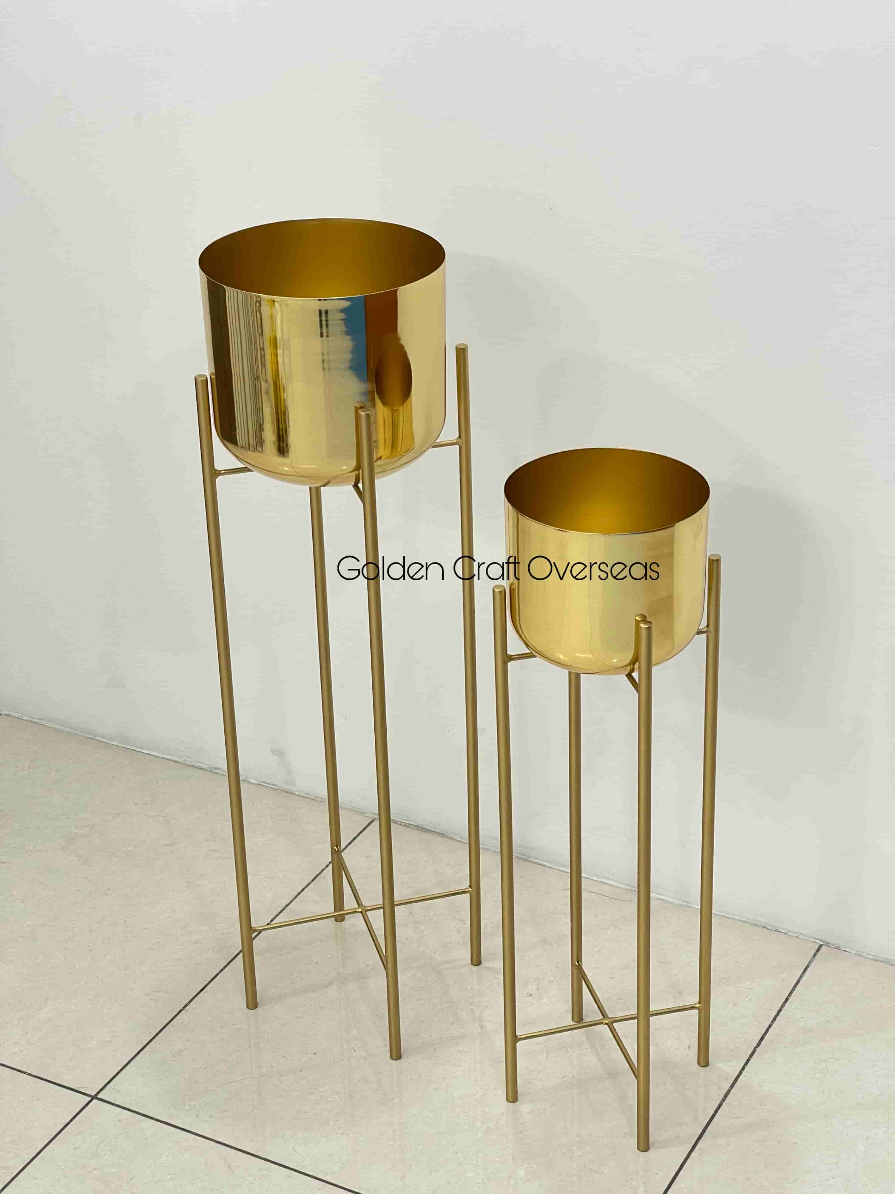 Gold Planter Set Of 2 - Iron Material, 9x9x26 & 9x9x30 Inches | Complete Gold Finish, Plated Pots With Powder Coated Stands