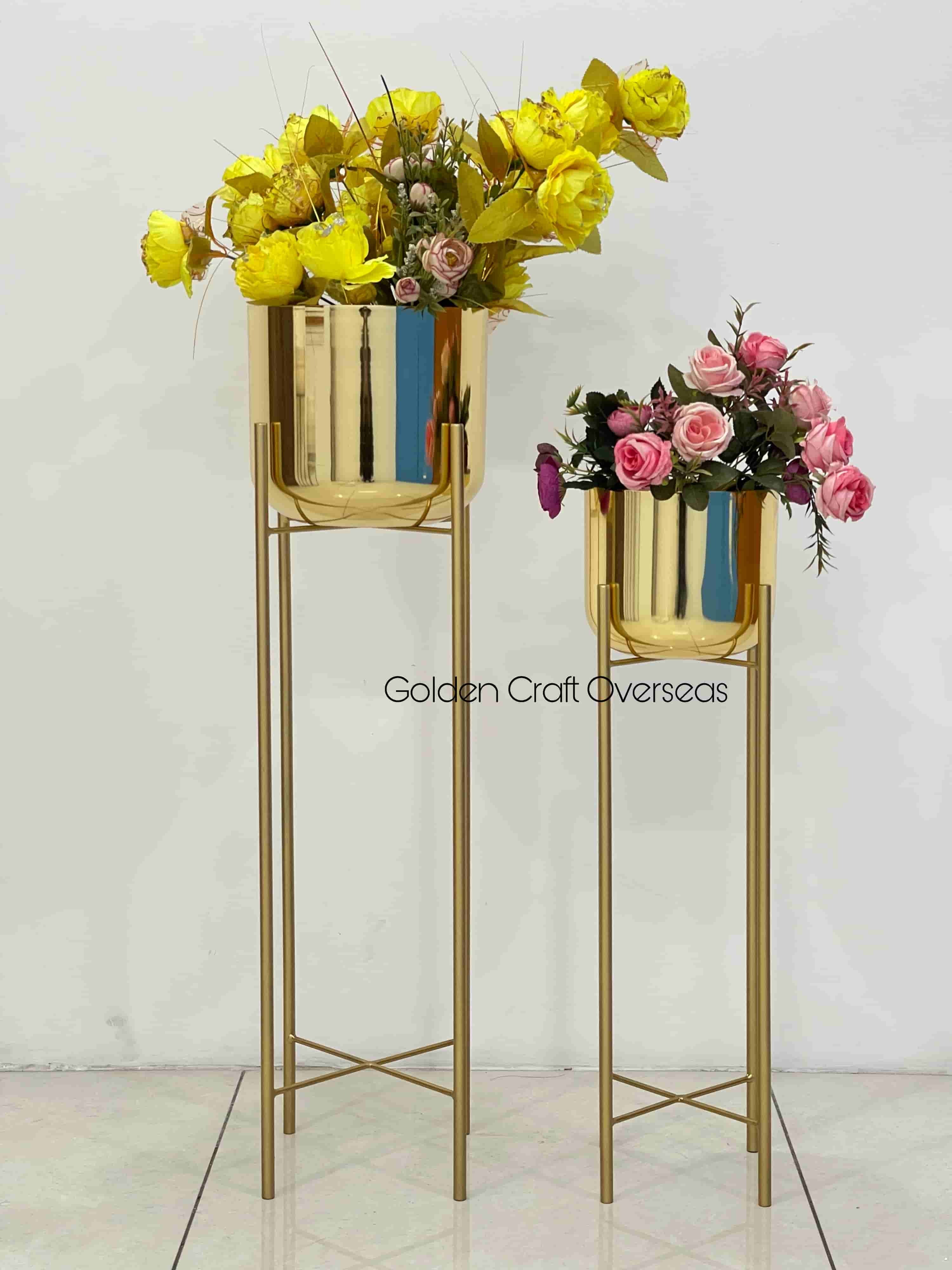 Gold Planter Set Of 2 - Iron Material, 9x9x26 & 9x9x30 Inches | Complete Gold Finish, Plated Pots With Powder Coated Stands