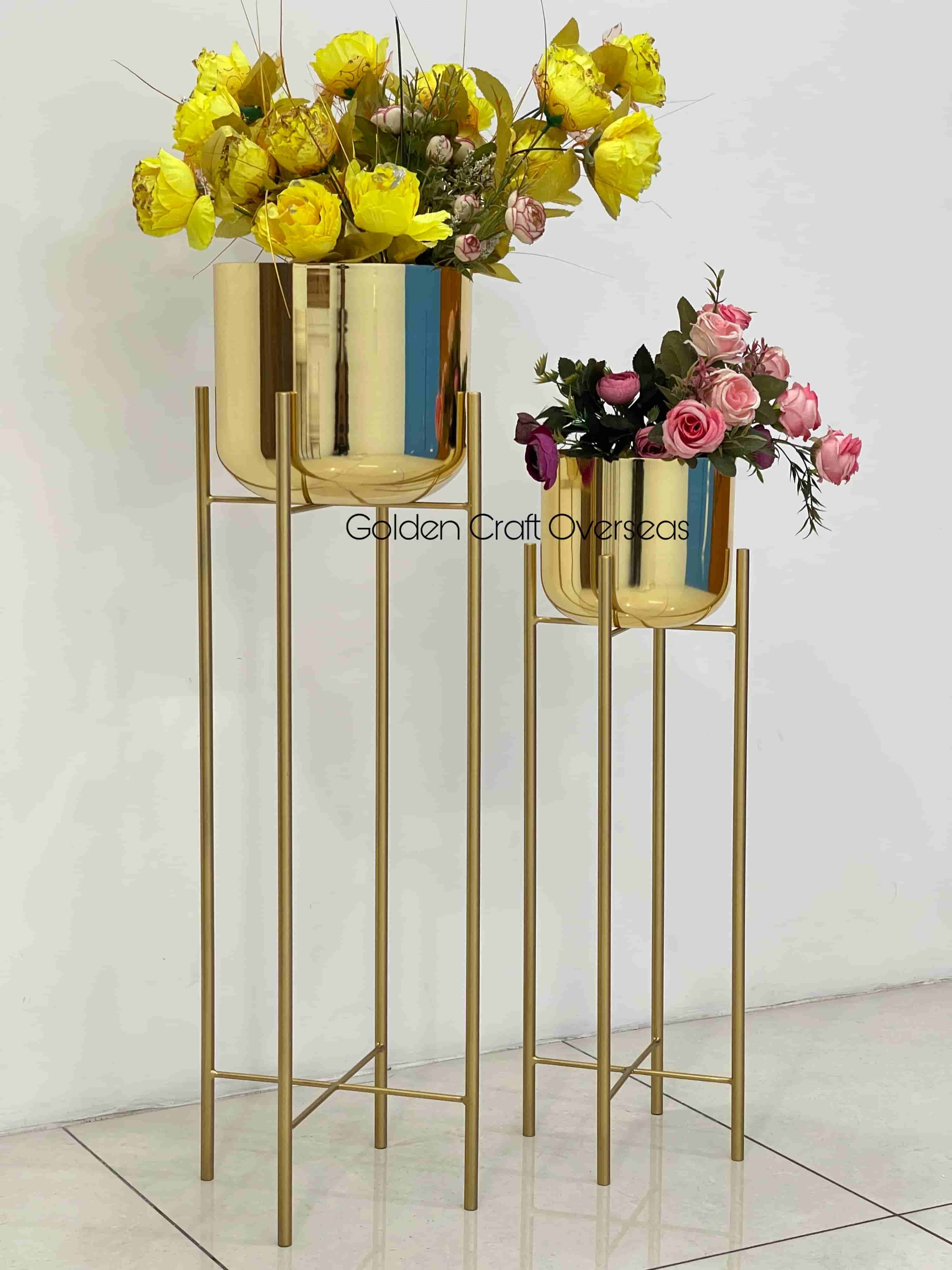Gold Planter Set Of 2 - Iron Material, 9x9x26 & 9x9x30 Inches | Complete Gold Finish, Plated Pots With Powder Coated Stands