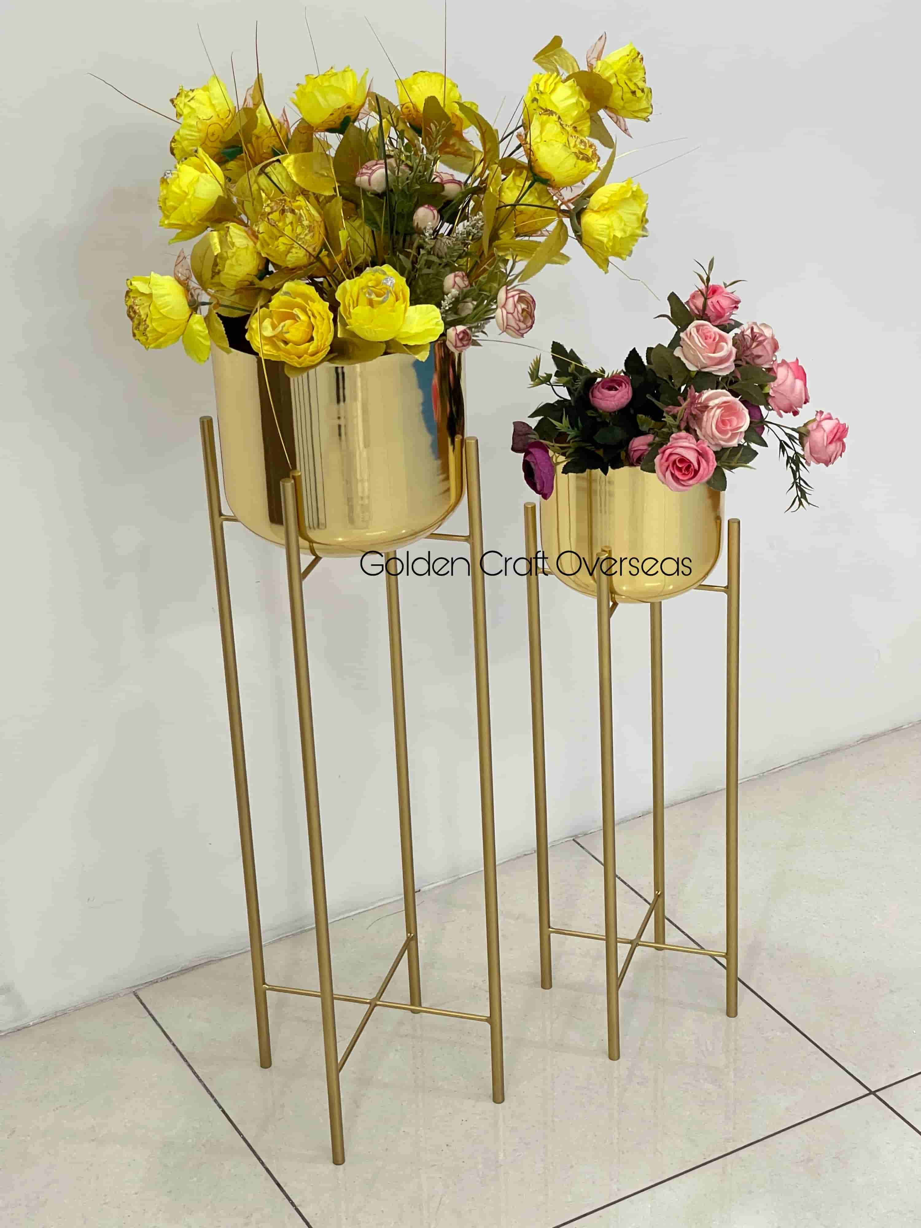 Gold Planter Set Of 2 - Iron Material, 9x9x26 & 9x9x30 Inches | Complete Gold Finish, Plated Pots With Powder Coated Stands