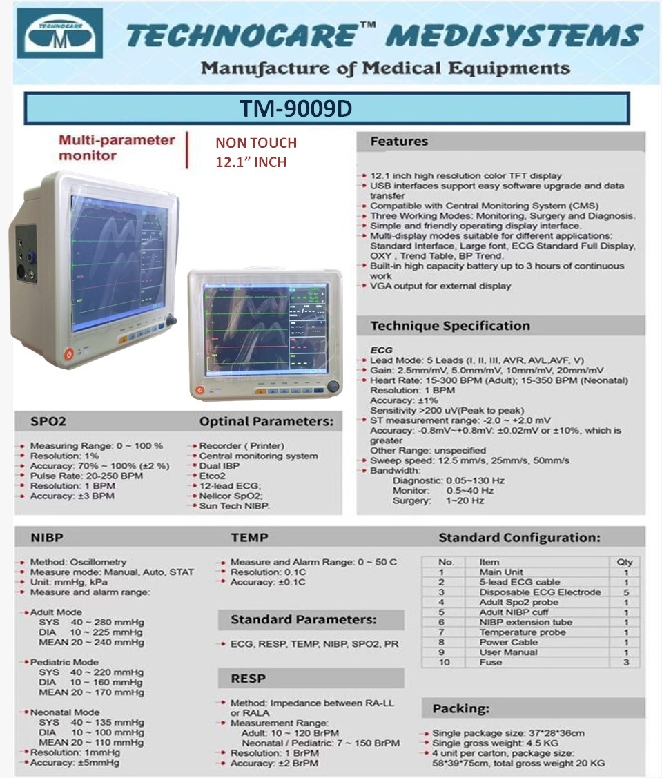 Multipara Monitor - Tft Display 12.1" | Rechargeable Lithium Battery, Simplified Menu, 96 Hours Data Storage, For Adult, Pediatric, Neonatal