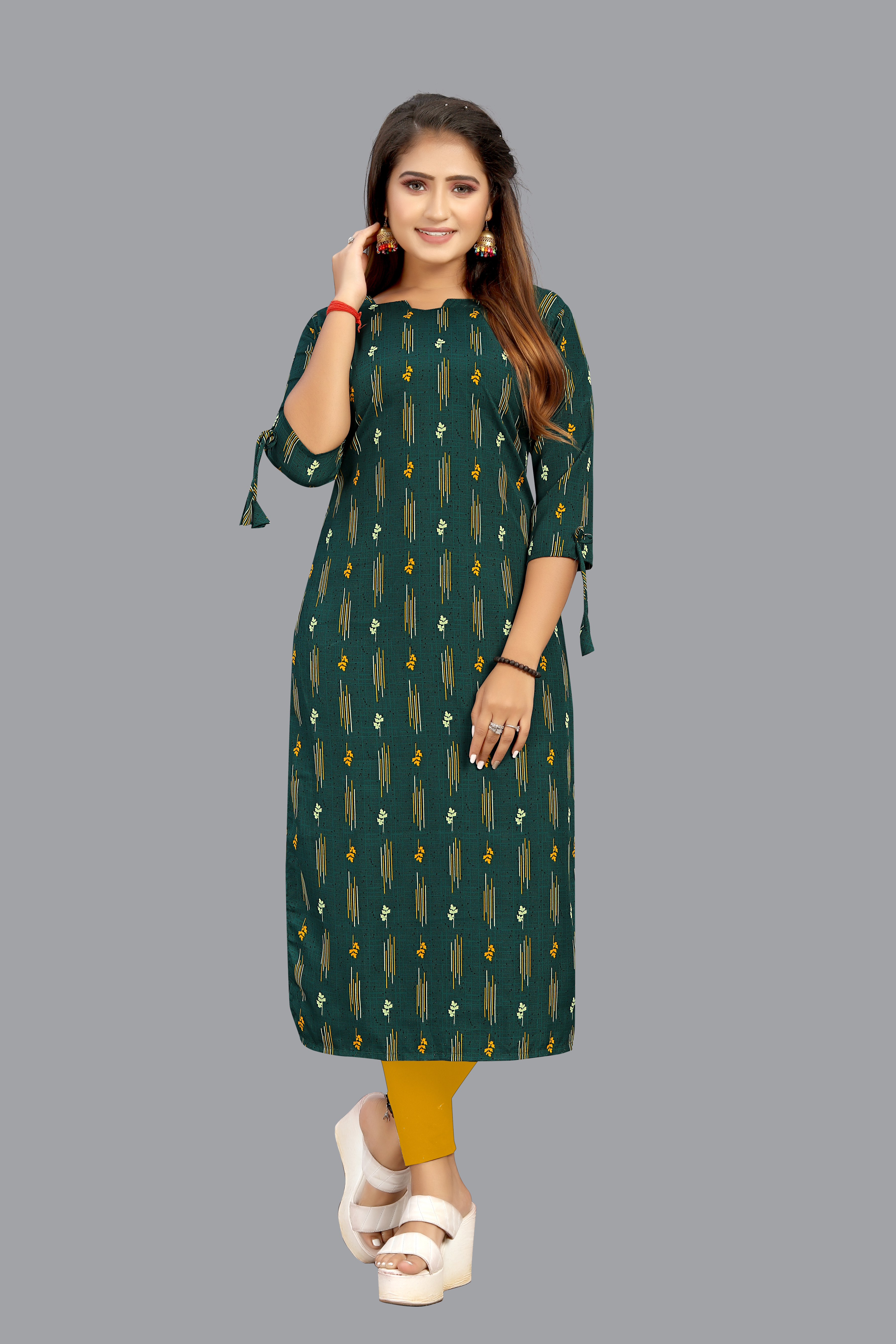 Crepe Kurti - 44 Inch Length Green Color Trendy 3-4th Sleeve Style With Printed Design And Decorative Paint Elements