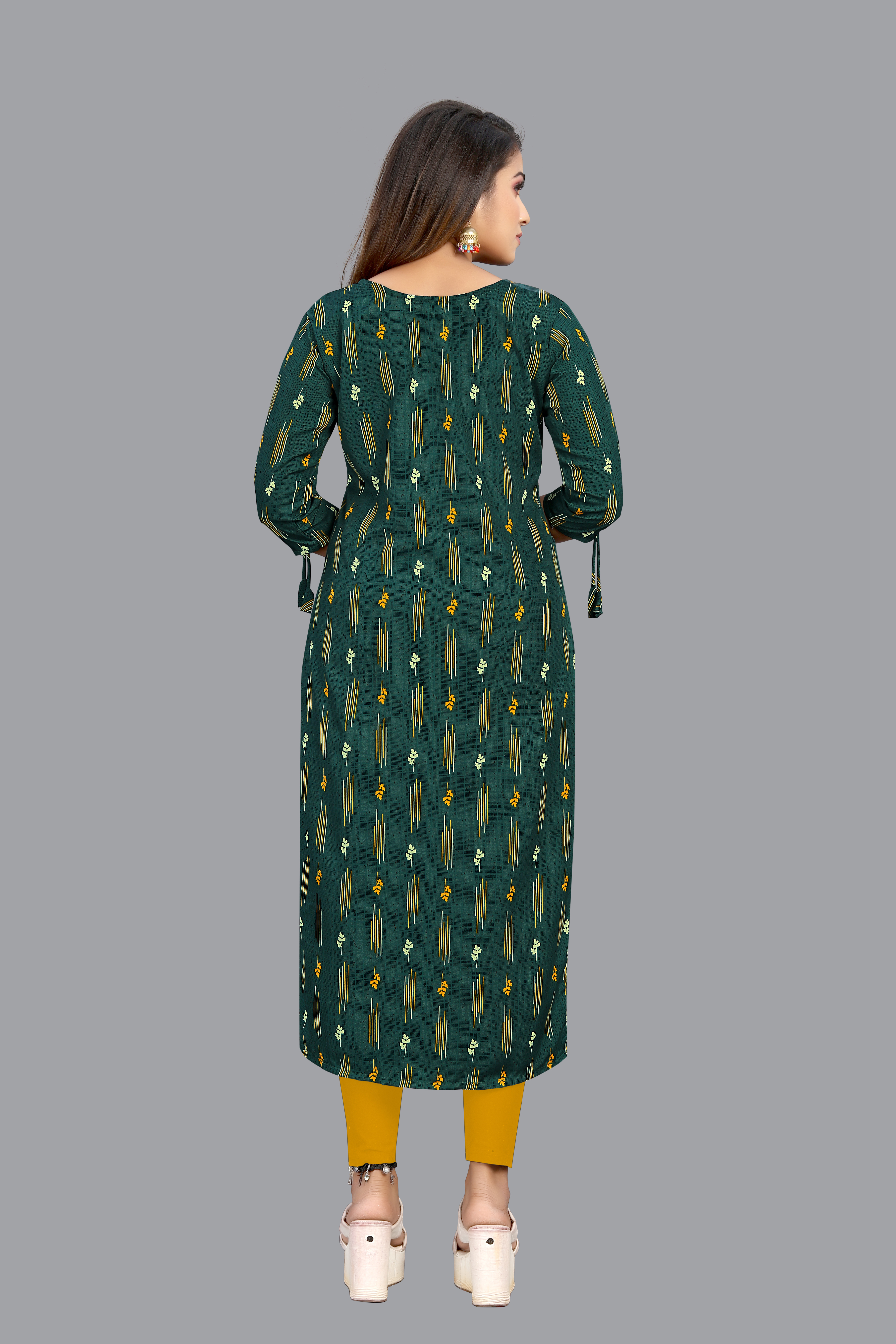 Crepe Kurti - 44 Inch Length Green Color Trendy 3-4th Sleeve Style With Printed Design And Decorative Paint Elements