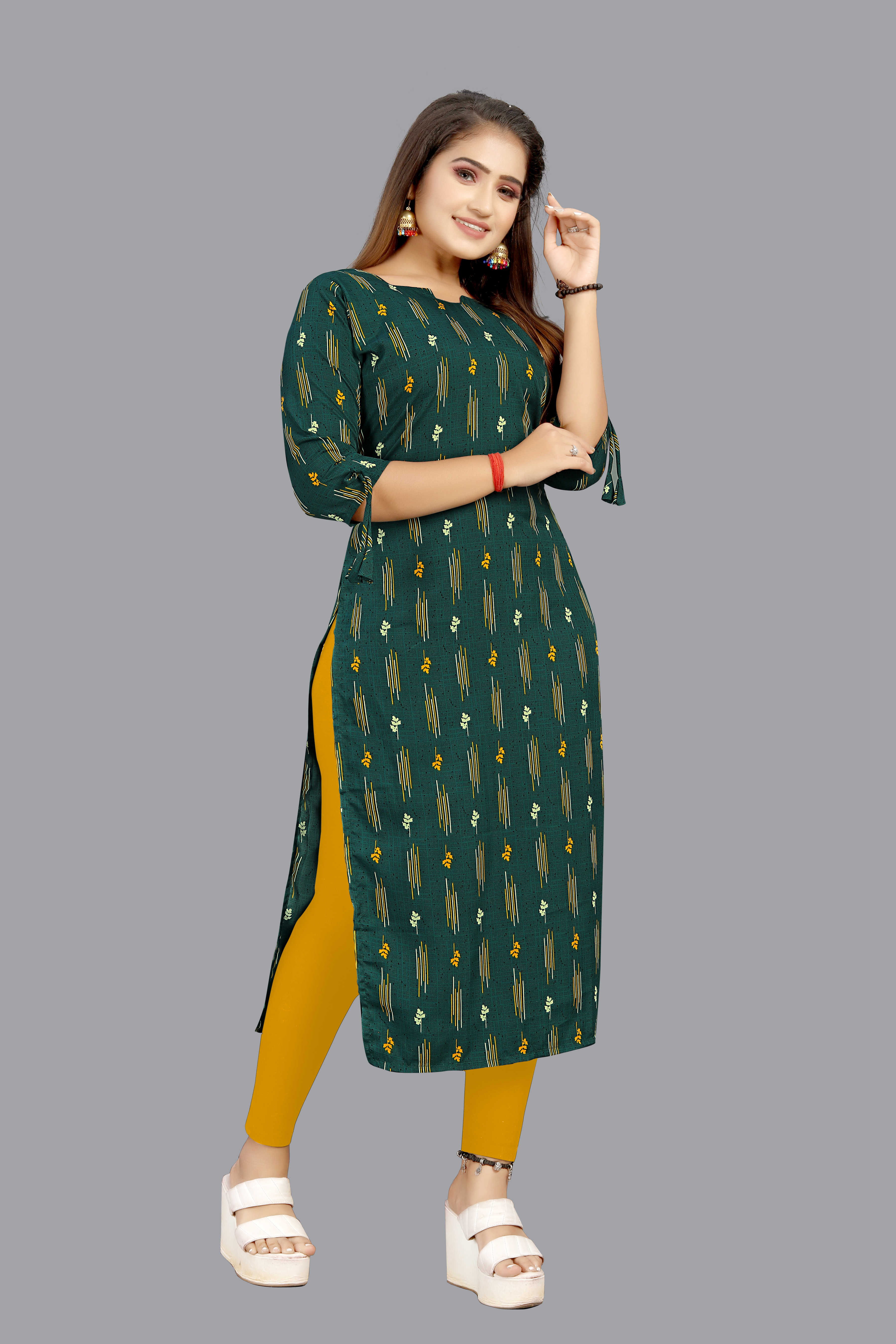 Crepe Kurti - 44 Inch Length Green Color Trendy 3-4th Sleeve Style With Printed Design And Decorative Paint Elements