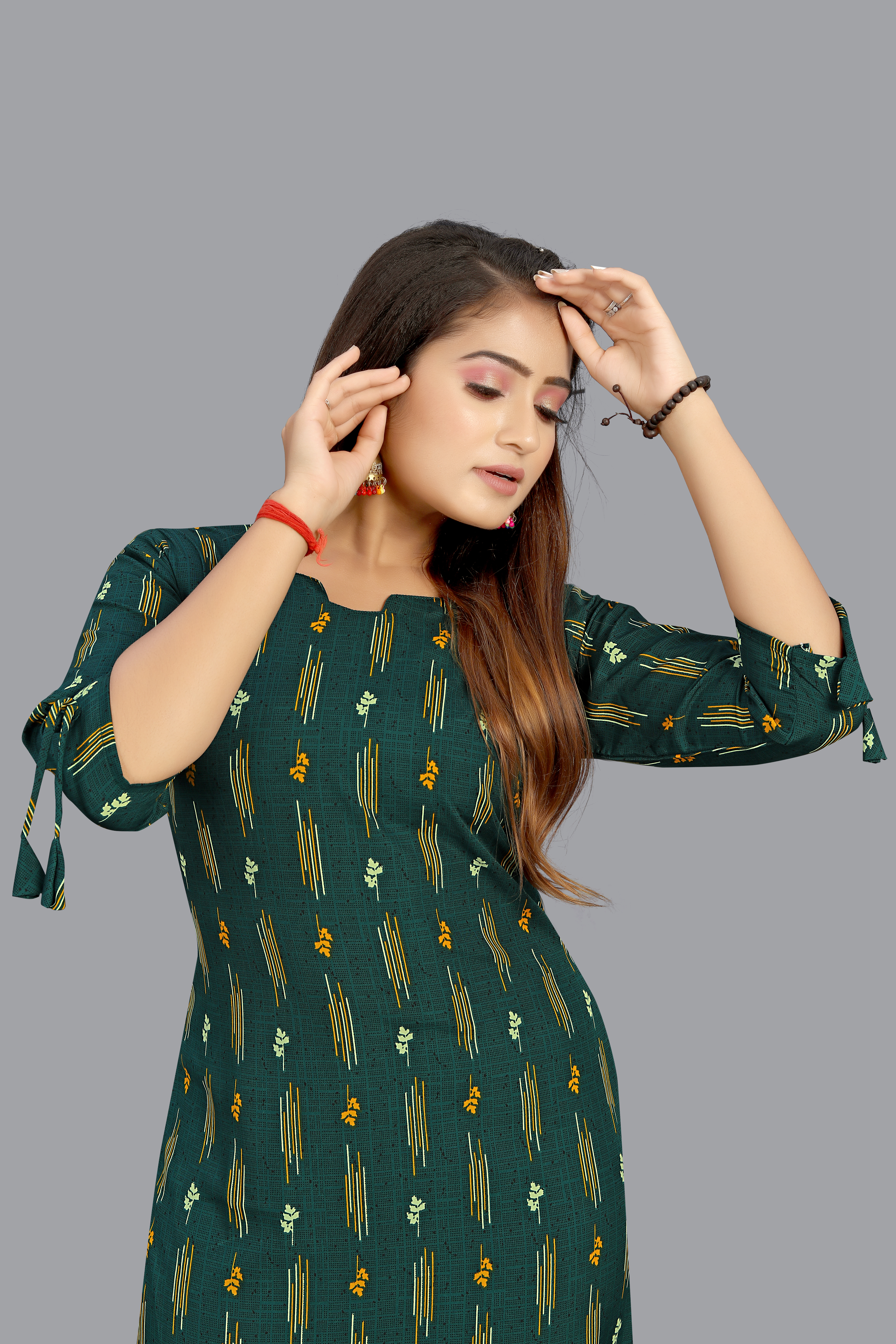 Crepe Kurti - 44 Inch Length Green Color Trendy 3-4th Sleeve Style With Printed Design And Decorative Paint Elements