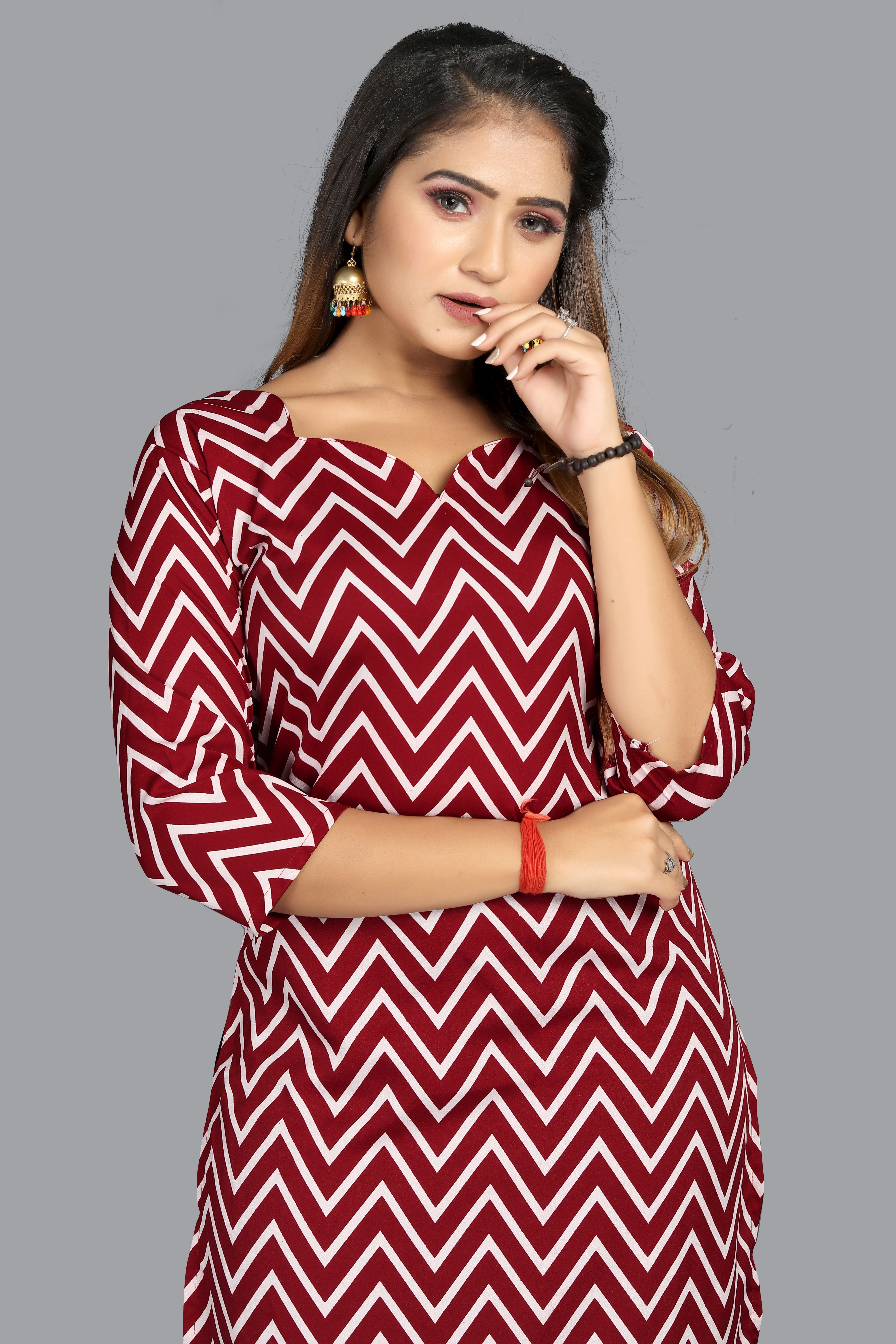 Designer Kurti - Crepe, Knee-length, Maroon | Comfortable Fit, Elegant Look, Stylish Design, Versatile Style, Three-quarter Sleeves, Zigzag Pattern