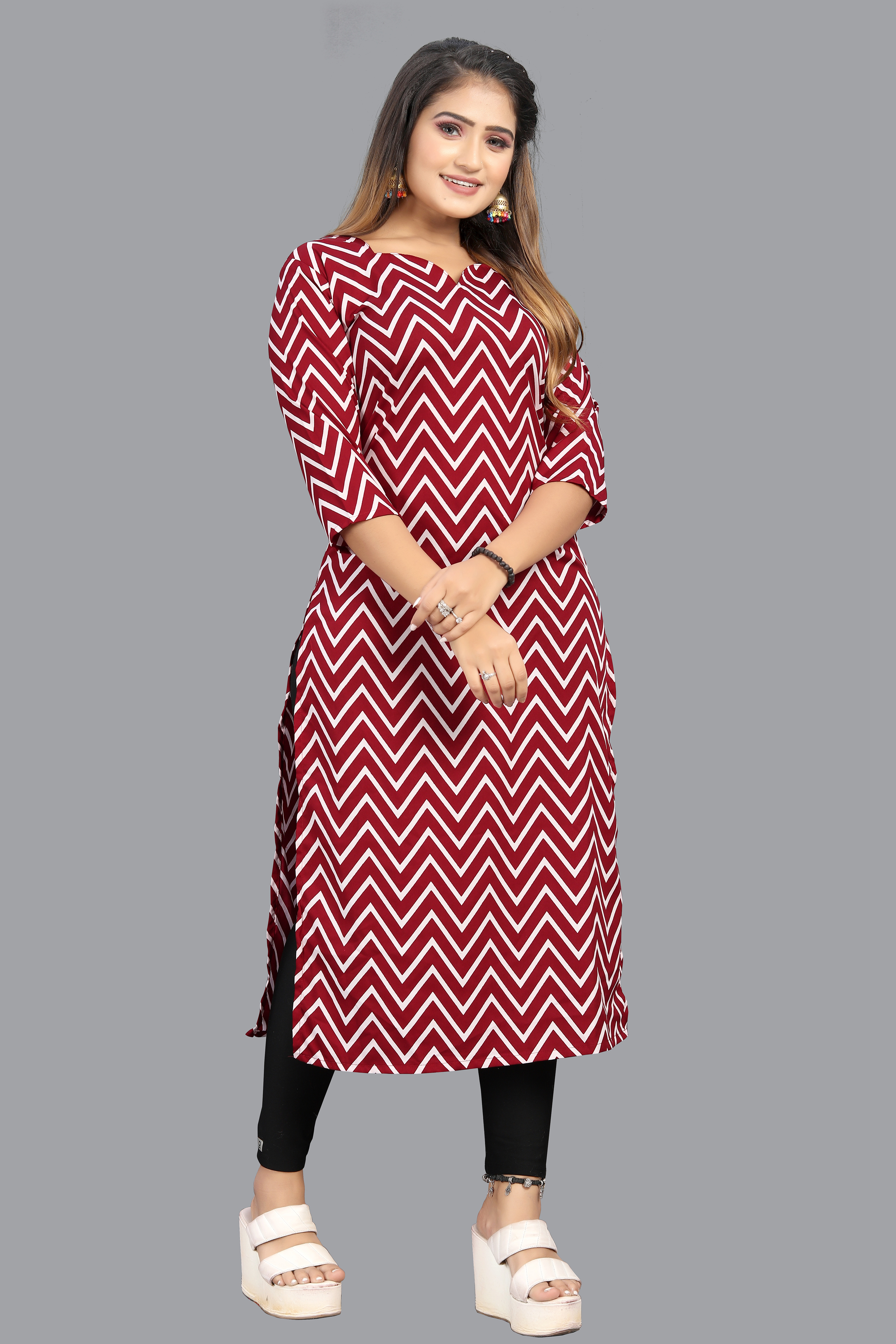 Designer Kurti - Crepe, Knee-length, Maroon | Comfortable Fit, Elegant Look, Stylish Design, Versatile Style, Three-quarter Sleeves, Zigzag Pattern