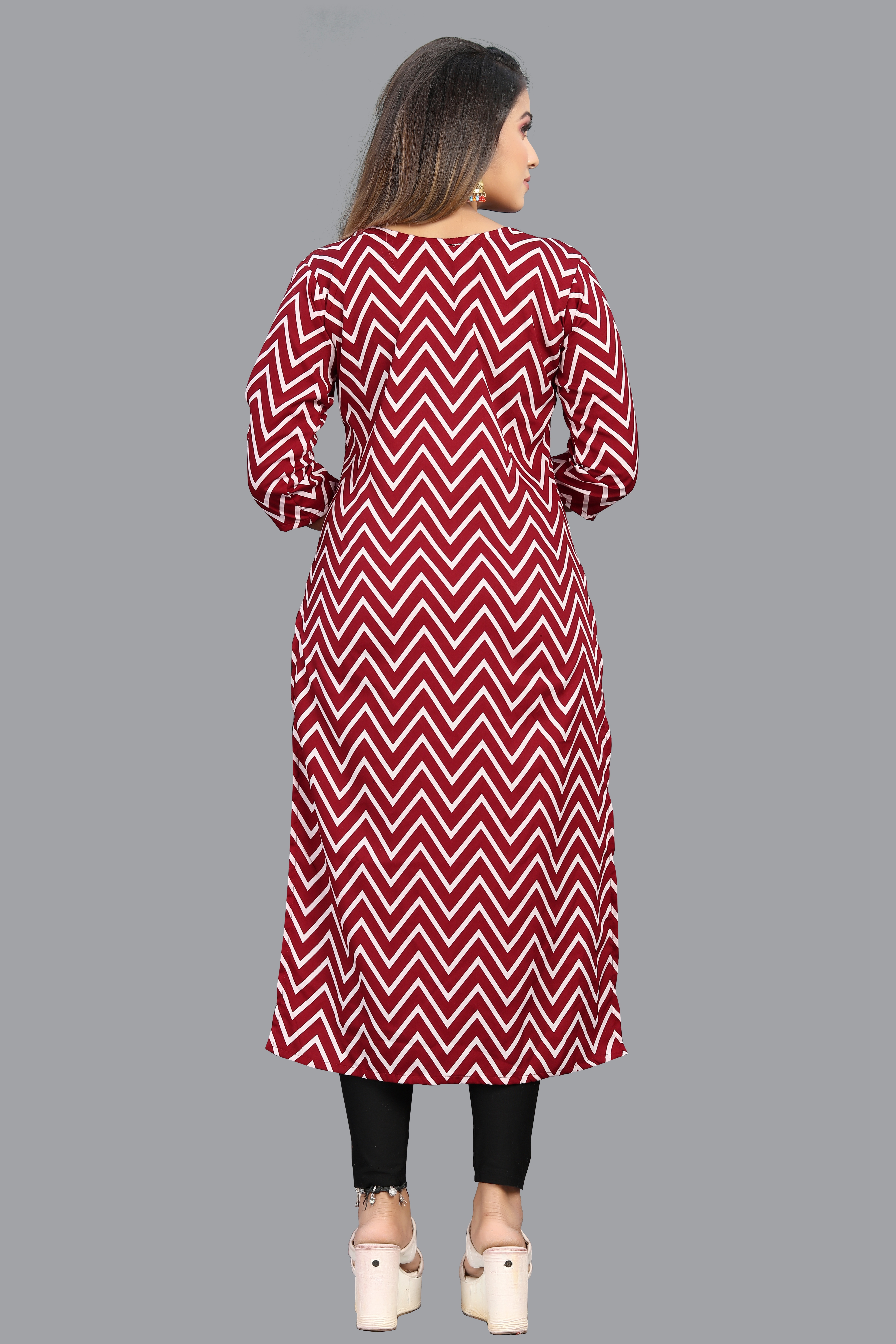 Designer Kurti - Crepe, Knee-length, Maroon | Comfortable Fit, Elegant Look, Stylish Design, Versatile Style, Three-quarter Sleeves, Zigzag Pattern