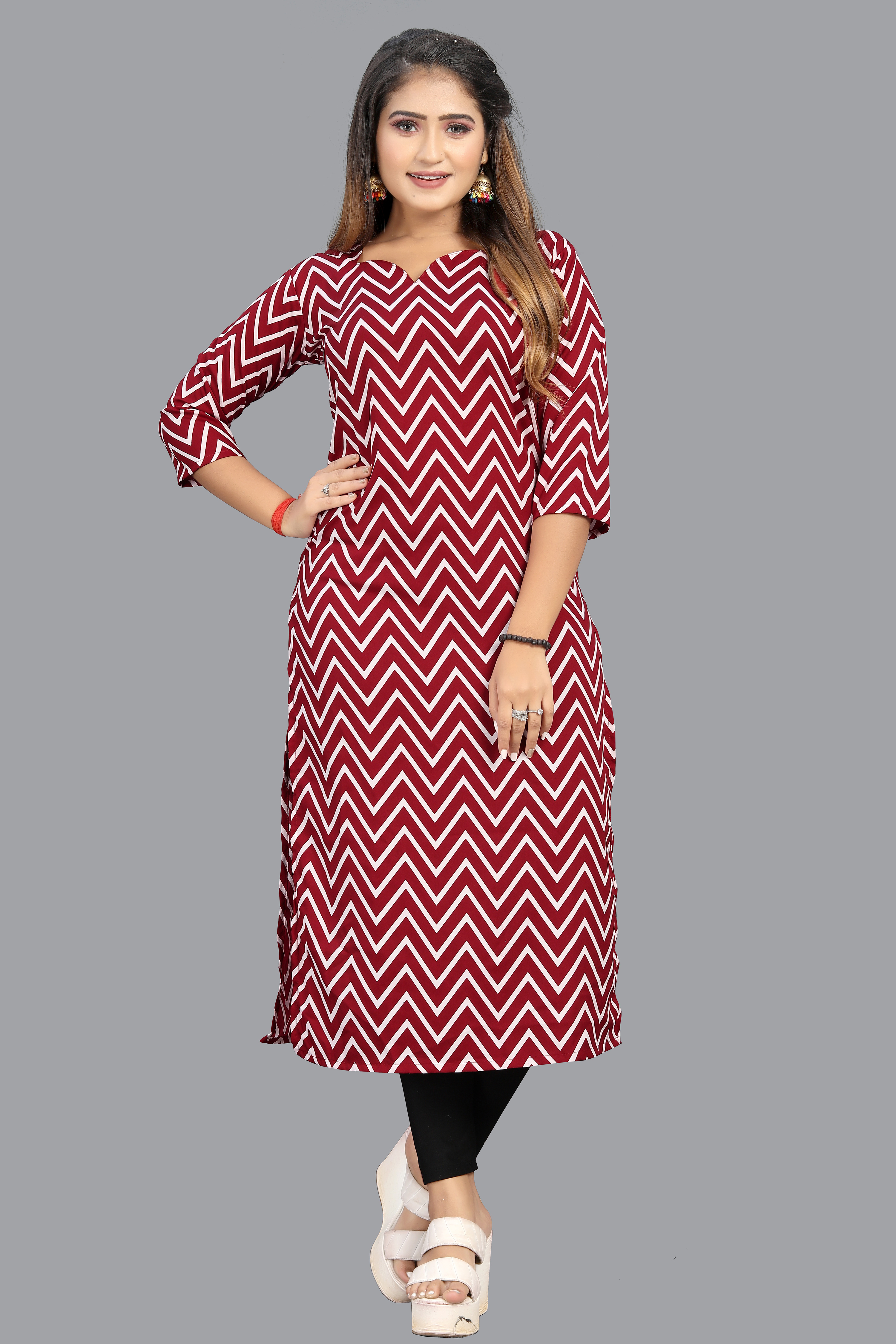 Designer Kurti - Crepe, Knee-length, Maroon | Comfortable Fit, Elegant Look, Stylish Design, Versatile Style, Three-quarter Sleeves, Zigzag Pattern