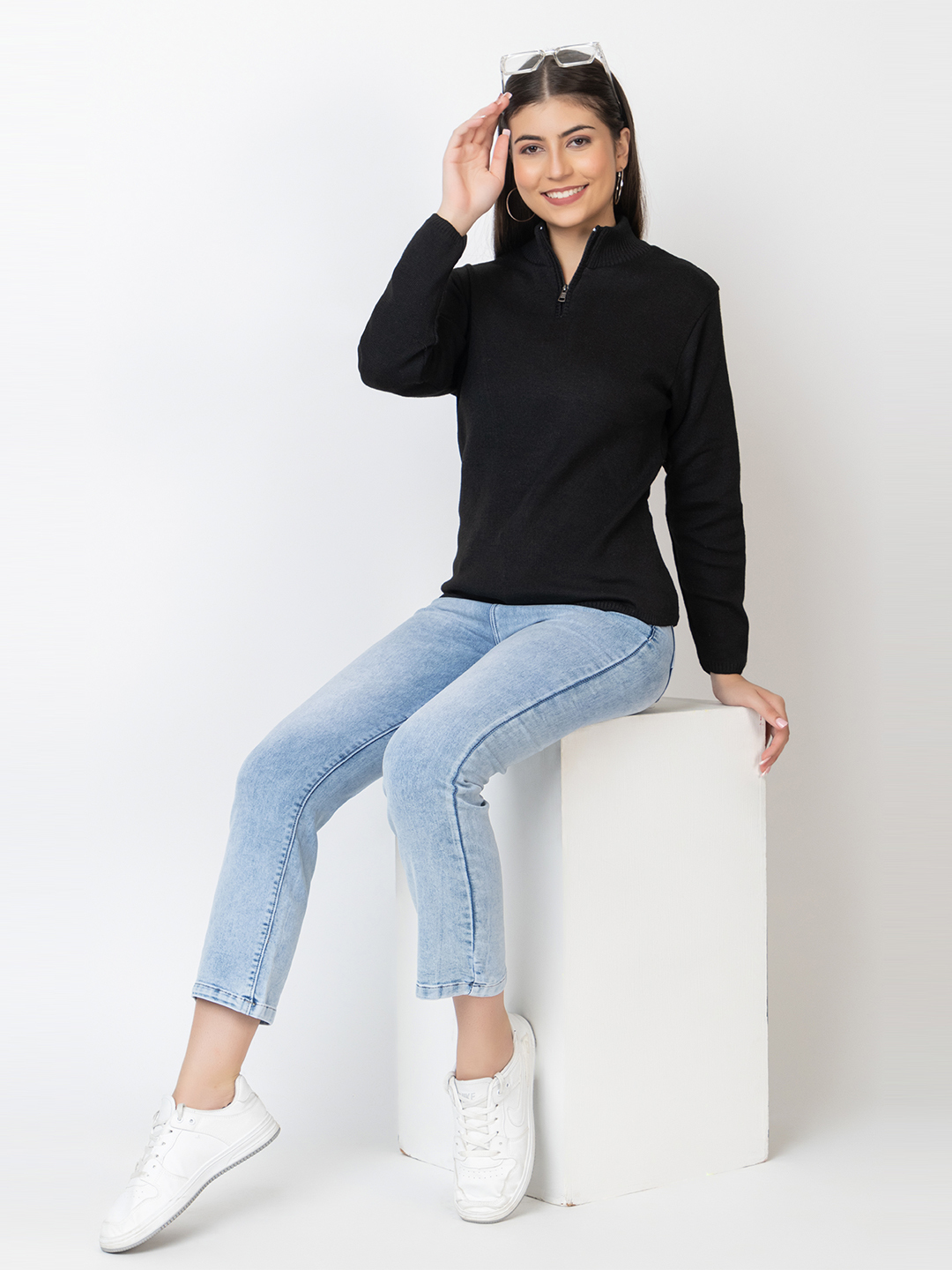 Zipper High Neck Top - Acrylic Fabric, Long Sleeves, Pink, Sizes M-xxl | Sophisticated Style, Versatile Wear For Any Occasion