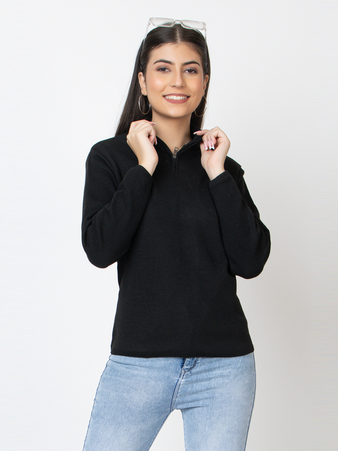 Zipper High Neck Top - Acrylic Fabric, Long Sleeves, Pink, Sizes M-xxl | Sophisticated Style, Versatile Wear For Any Occasion