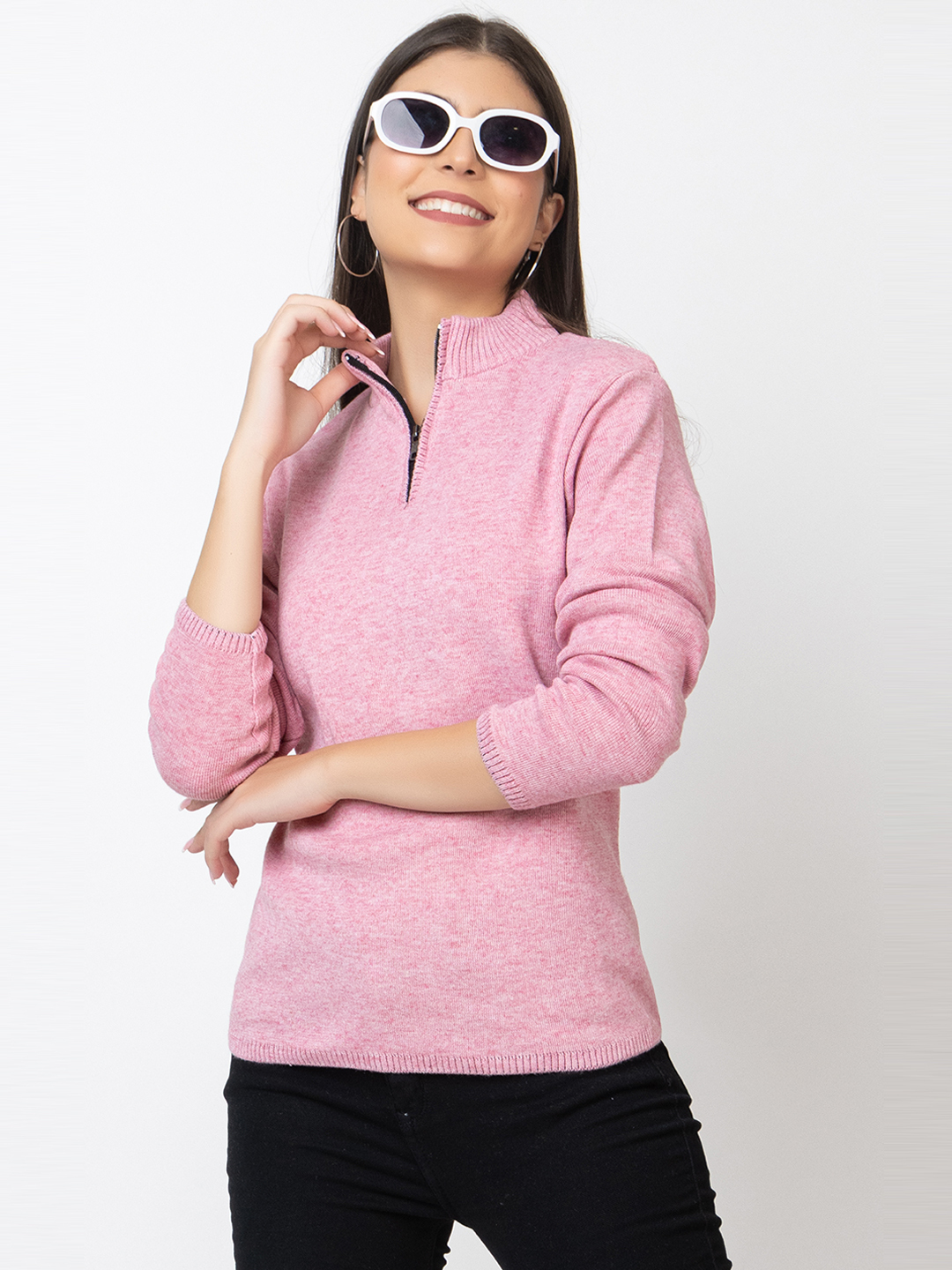 Zipper High Neck Top - Acrylic Fabric, Long Sleeves, Pink, Sizes M-xxl | Sophisticated Style, Versatile Wear For Any Occasion