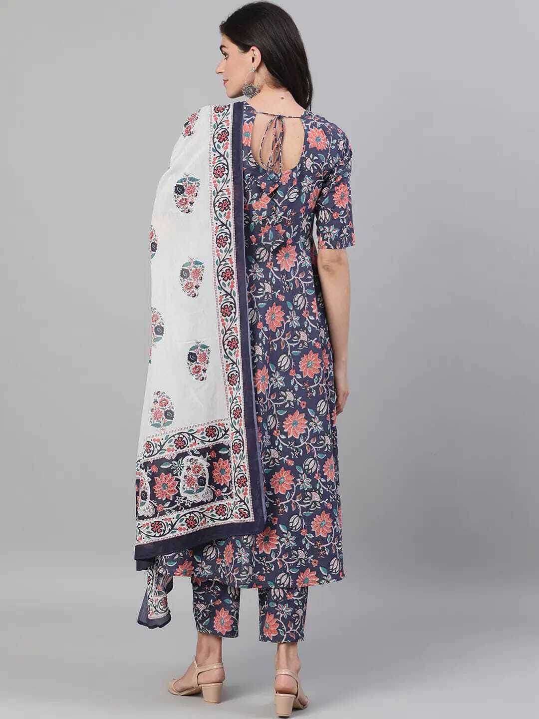 Cotton Kurtis Pair - Calf Length Blue Printed Anarkali & Trousers | Multi-color, Traditional Ethnic Wear, Hand-washable, Size M-xxl, All Season Suitable