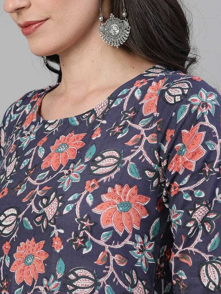 Cotton Kurtis Pair - Calf Length Blue Printed Anarkali & Trousers | Multi-color, Traditional Ethnic Wear, Hand-washable, Size M-xxl, All Season Suitable