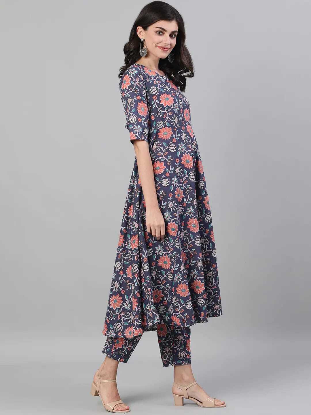 Cotton Kurtis Pair - Calf Length Blue Printed Anarkali & Trousers | Multi-color, Traditional Ethnic Wear, Hand-washable, Size M-xxl, All Season Suitable