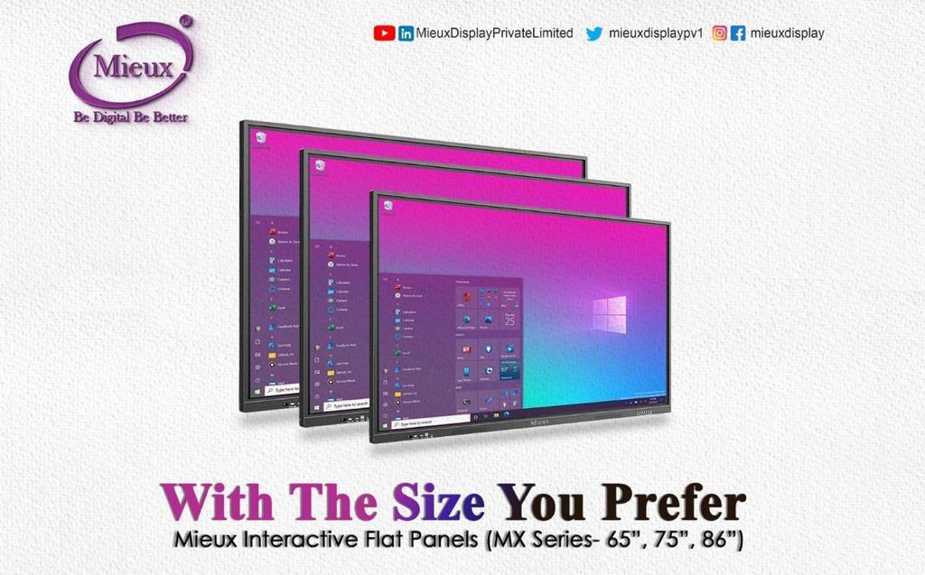 Mieux Interactive Flat Panel Display - Aluminium, 86 Inch Dimensions 1957x1160x88mm | Immersive Learning Experience, Advanced Connectivity, Wireless Screen-sharing