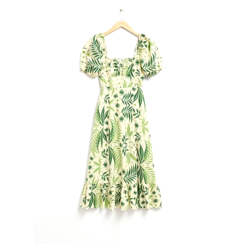 Multicolored Green Custom Linen Print Dress