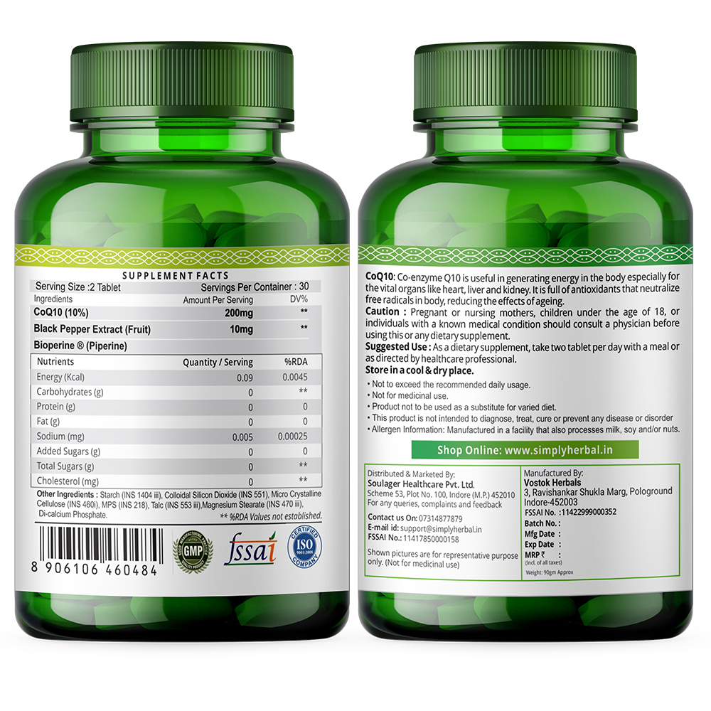 Simply Herbal Coq10 (Coenzyme Q10) With Bioperine 200mg - 60 Tablets