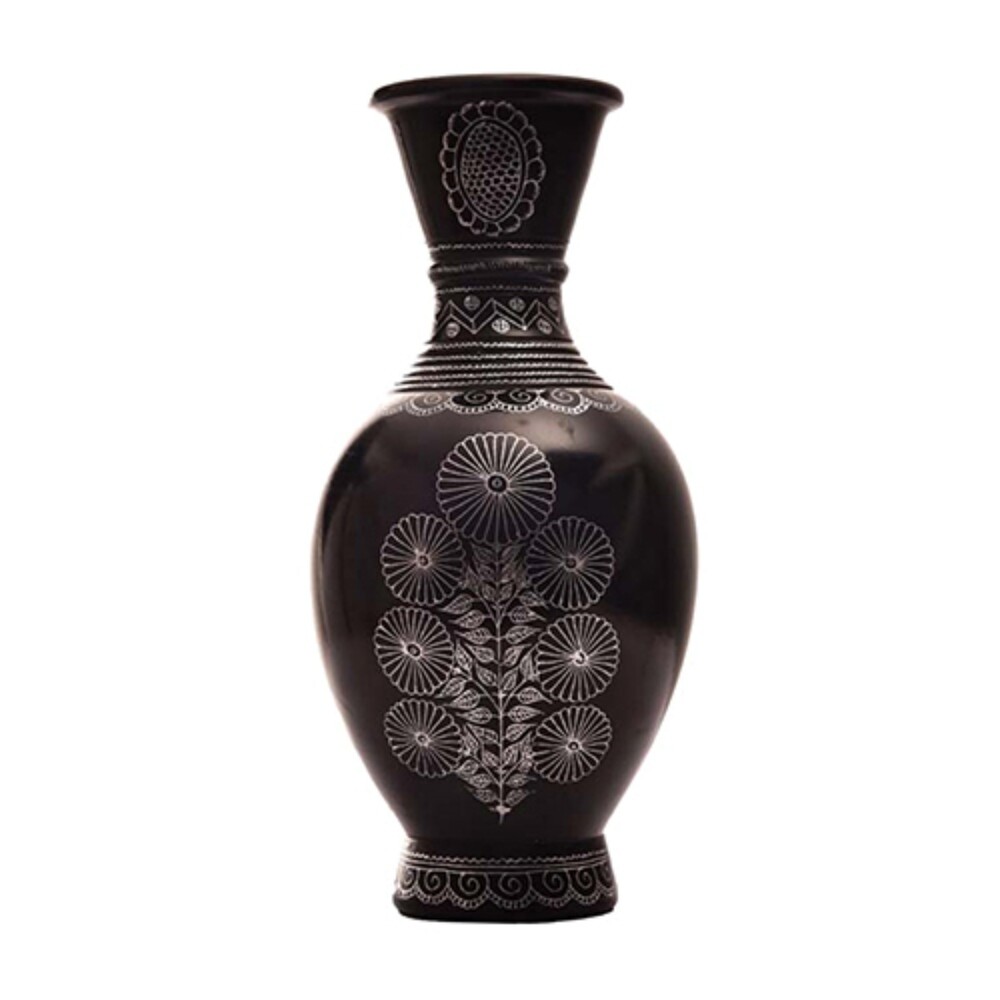 Black Pottery Flower Vase - Antique Finish, Matte Texture | Customized Designs - Elegant Black Clay Ceramic