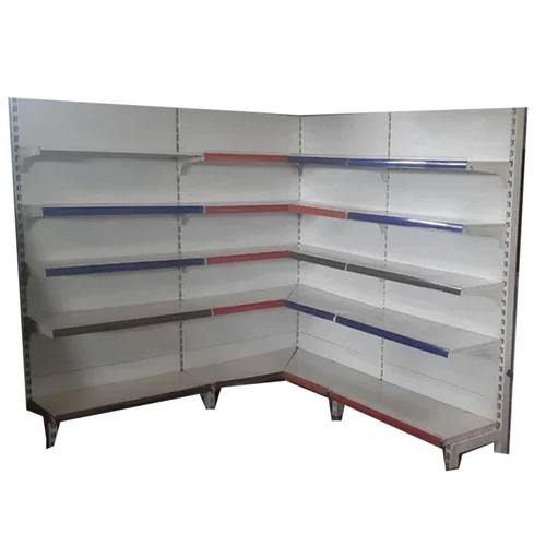 Wall Sided Corner Display Rack - Color: White-Blue-Orange