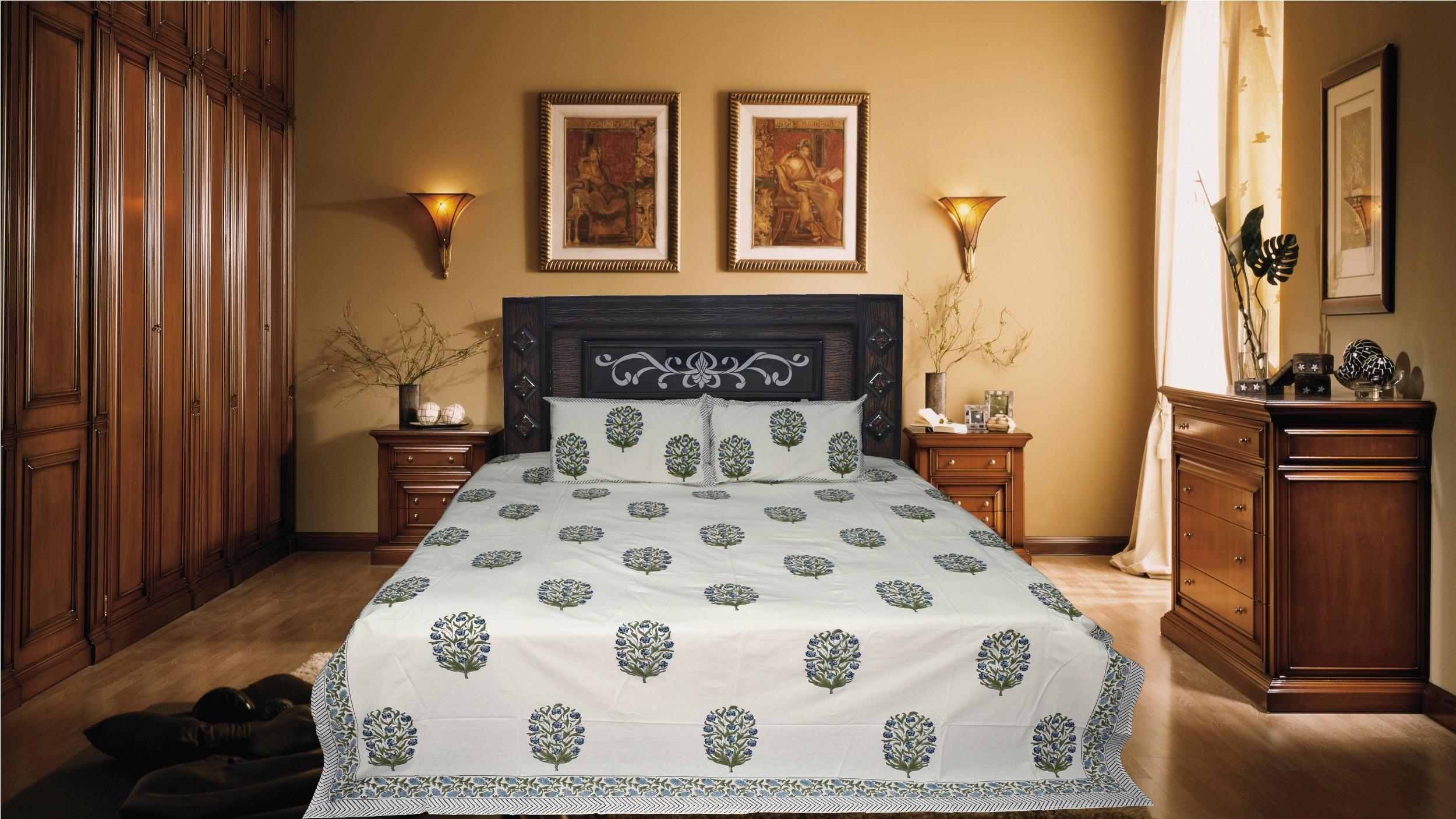 Hand Block Bedsheet - 100% Cotton, 90x108 Inches, Multicolor Floral Print , Washable For Home & Hotel Use