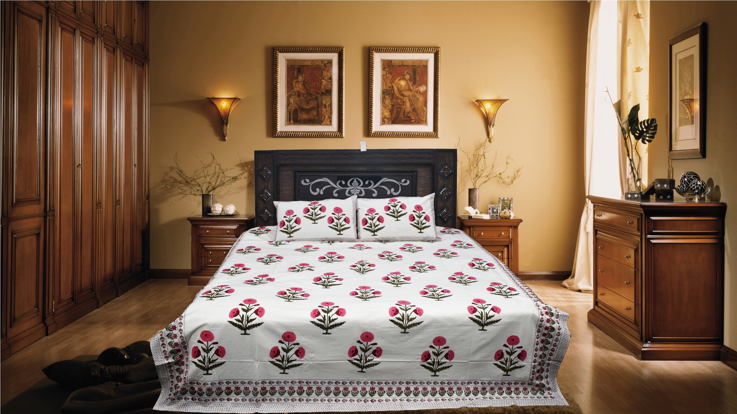 Hand Block Bedsheet - 100% Cotton, 90x108 Inches, Multicolor Floral Print , Washable For Home & Hotel Use