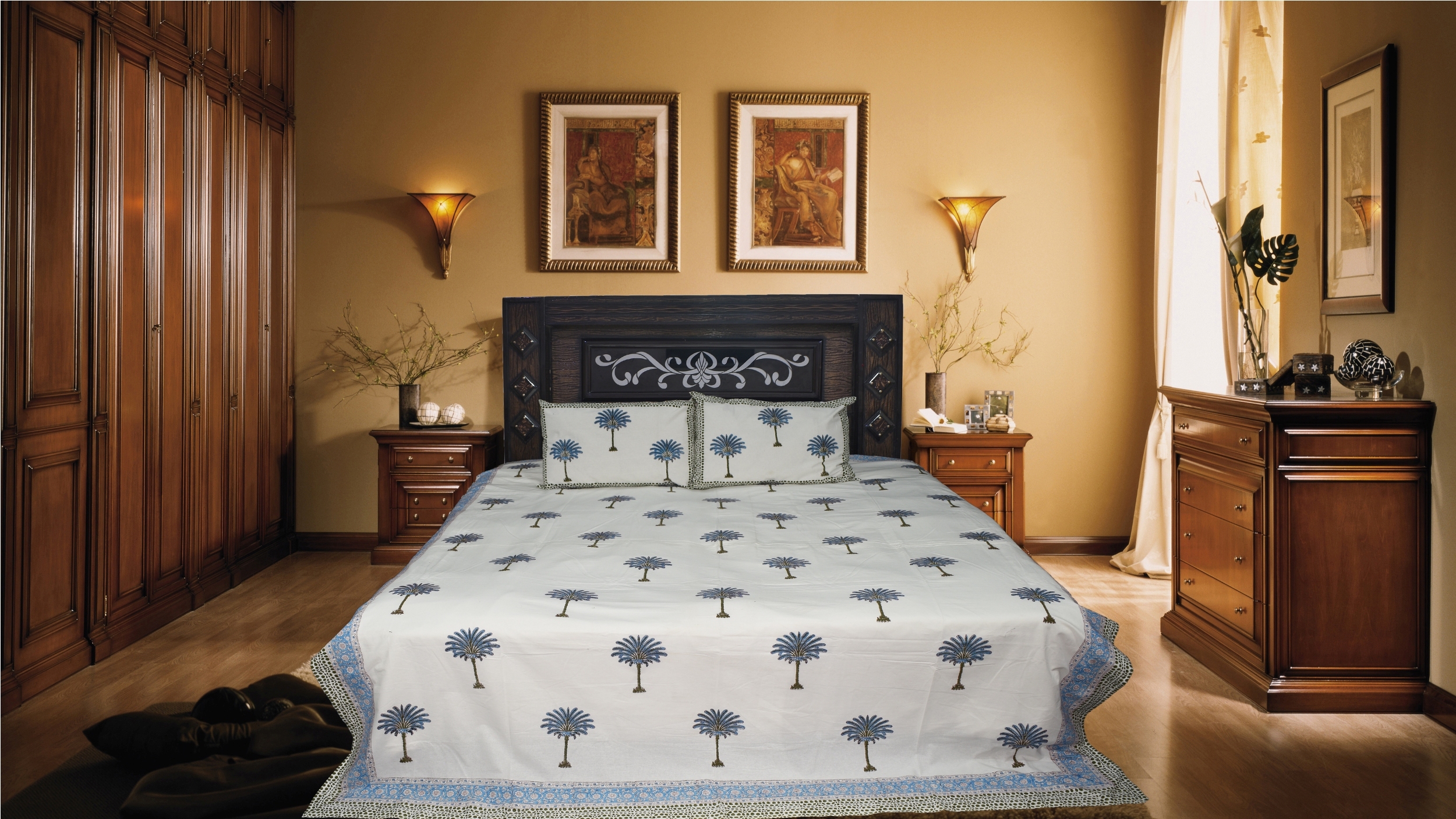 Hand Block Bedsheet - 100% Cotton, 90x108 Inches, Multicolor Floral Print , Washable For Home & Hotel Use