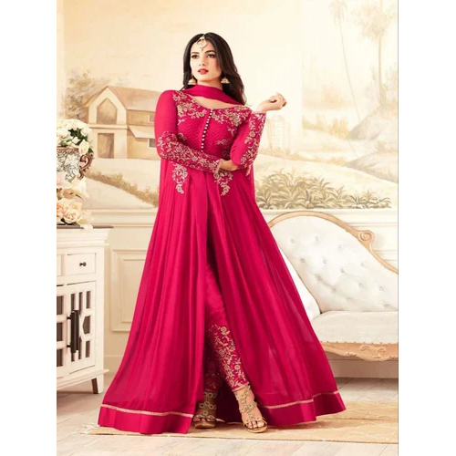 Georgette Ladies Dark Pink Suit - Feature: No Fade