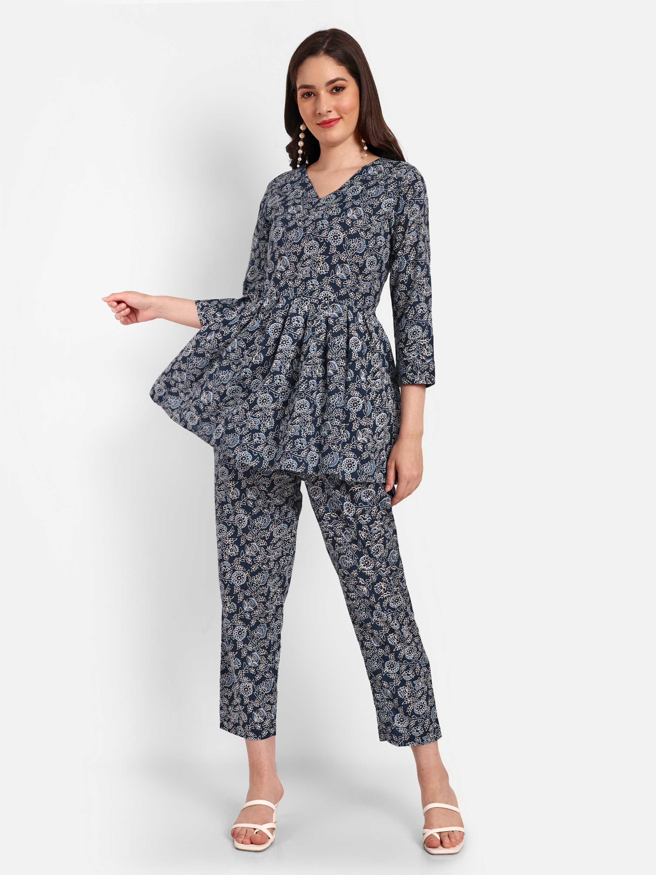 Washable Dark Blue Peplum Coord Sets