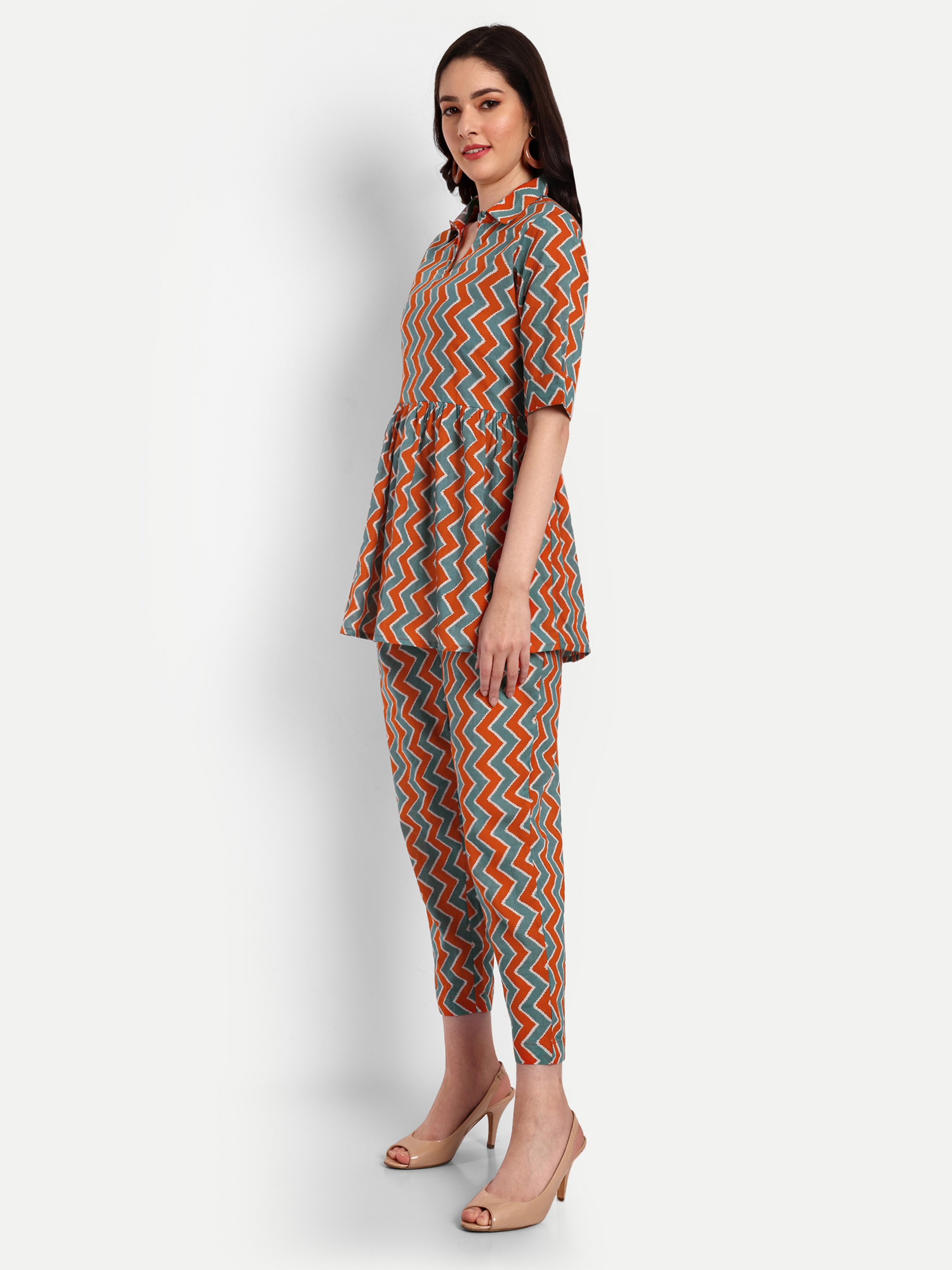 Printed Orange And Green Peplum Coord Sets