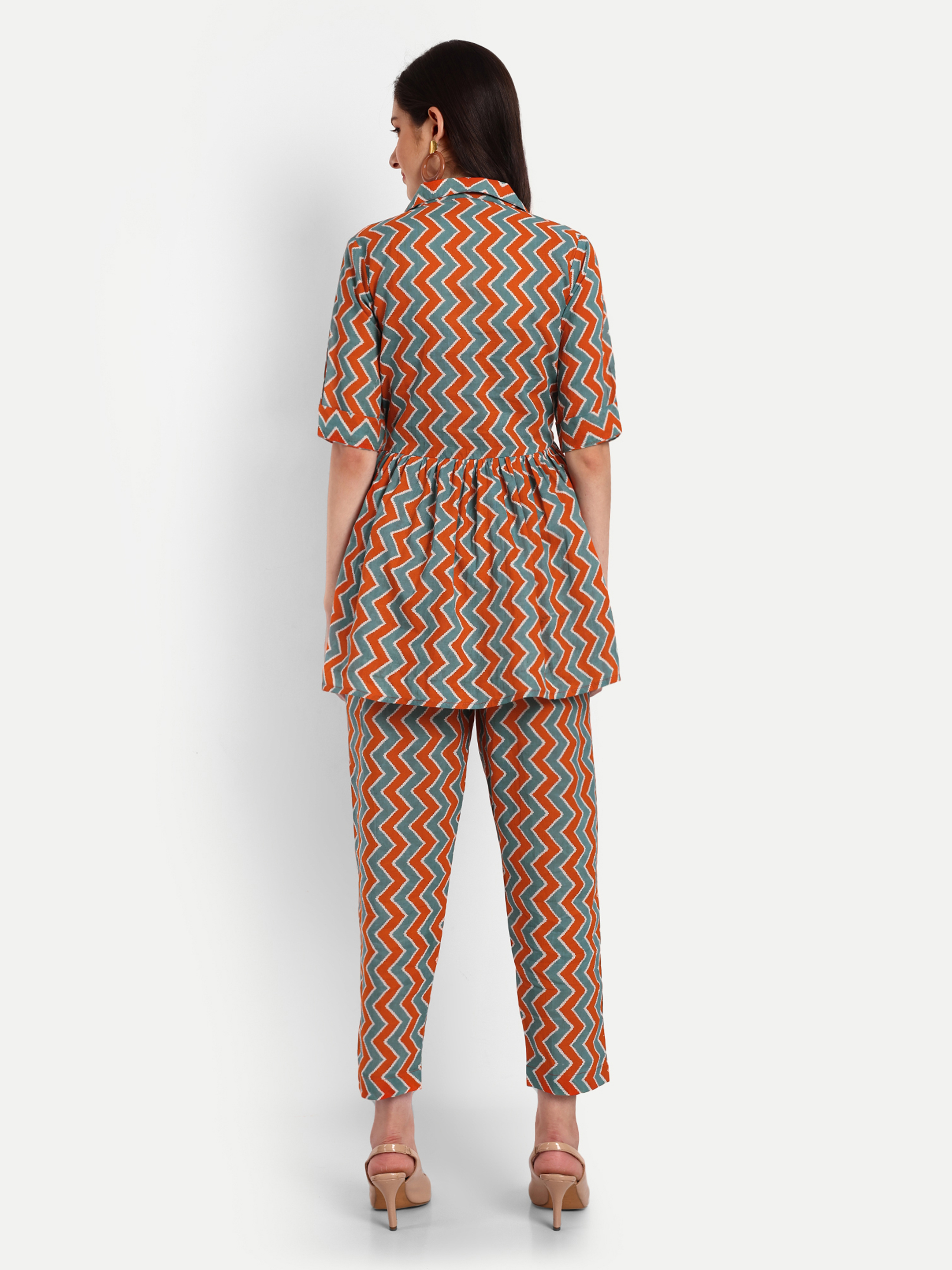 Printed Orange And Green Peplum Coord Sets