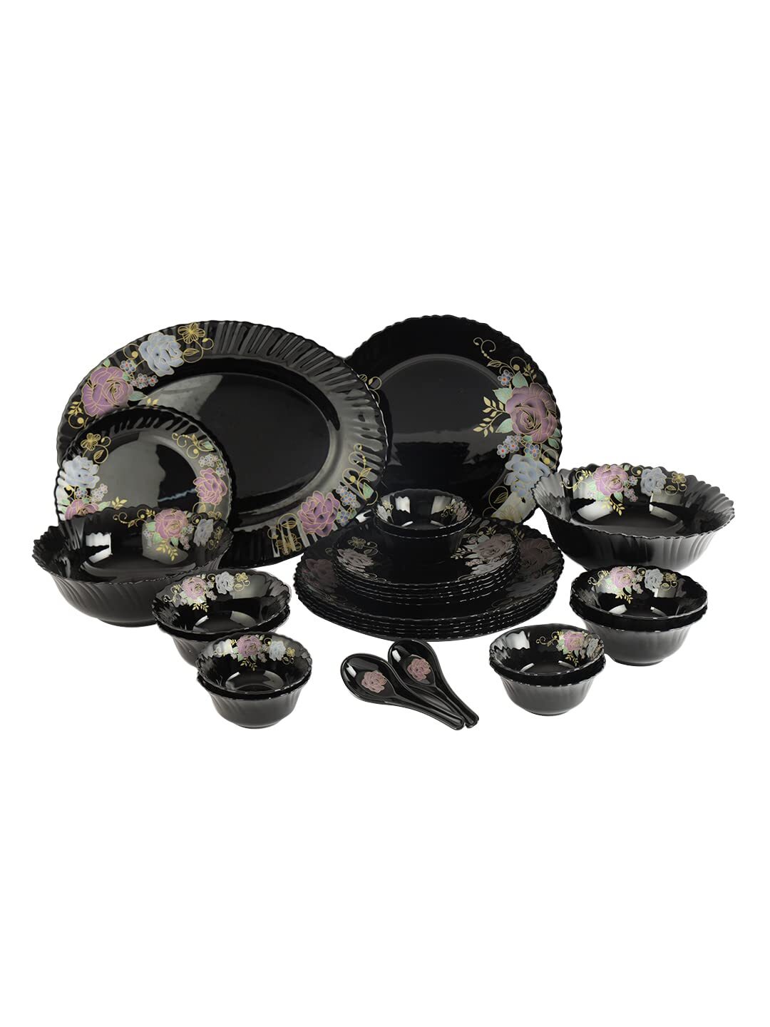 33 Pc Black Premium Opalware Feston Shape Colour Ful Design Set Size: Standard