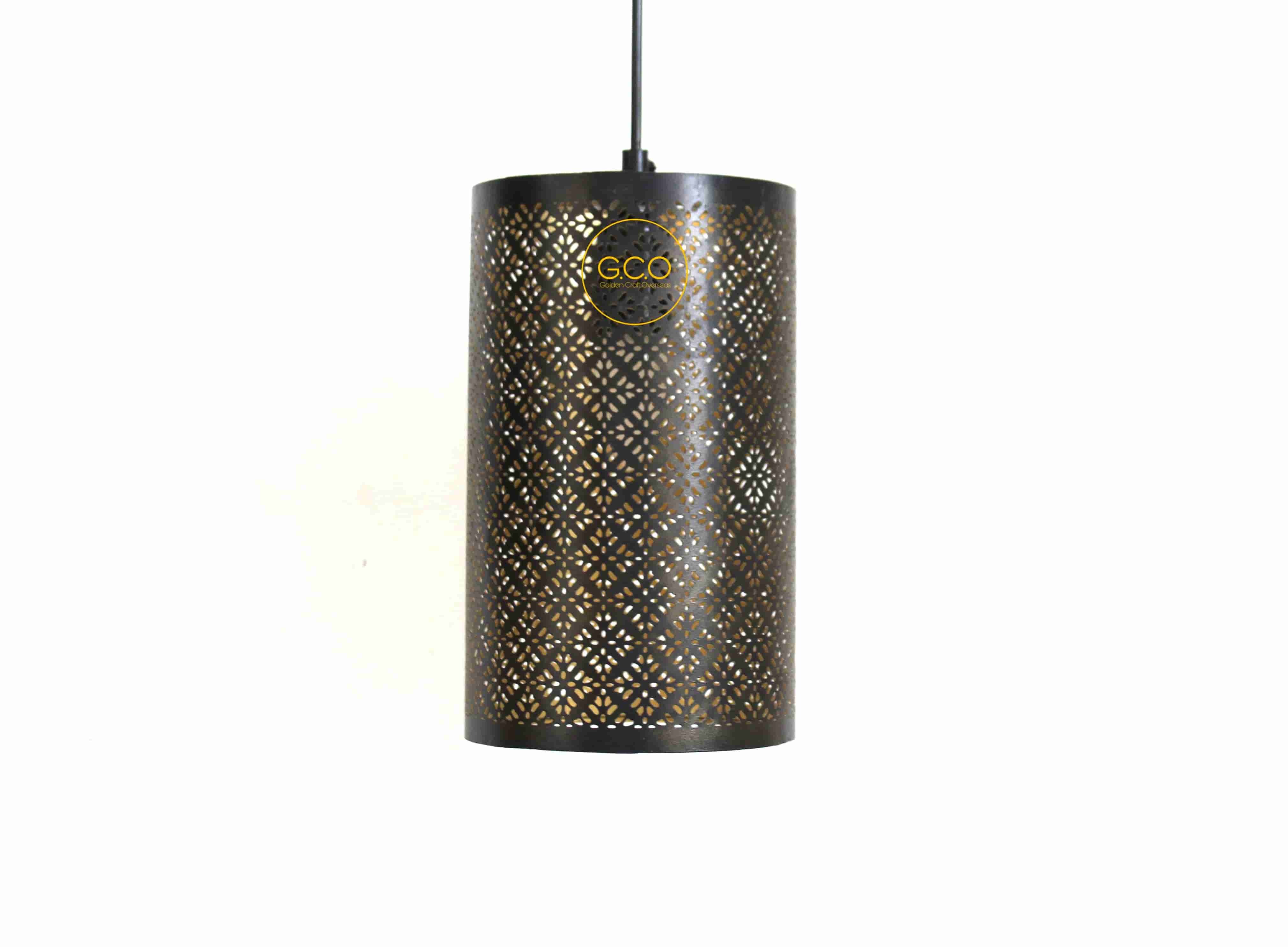 Affordable Cylinderical Hanging Pendant Light In Iron With Etching Design - Color: Black