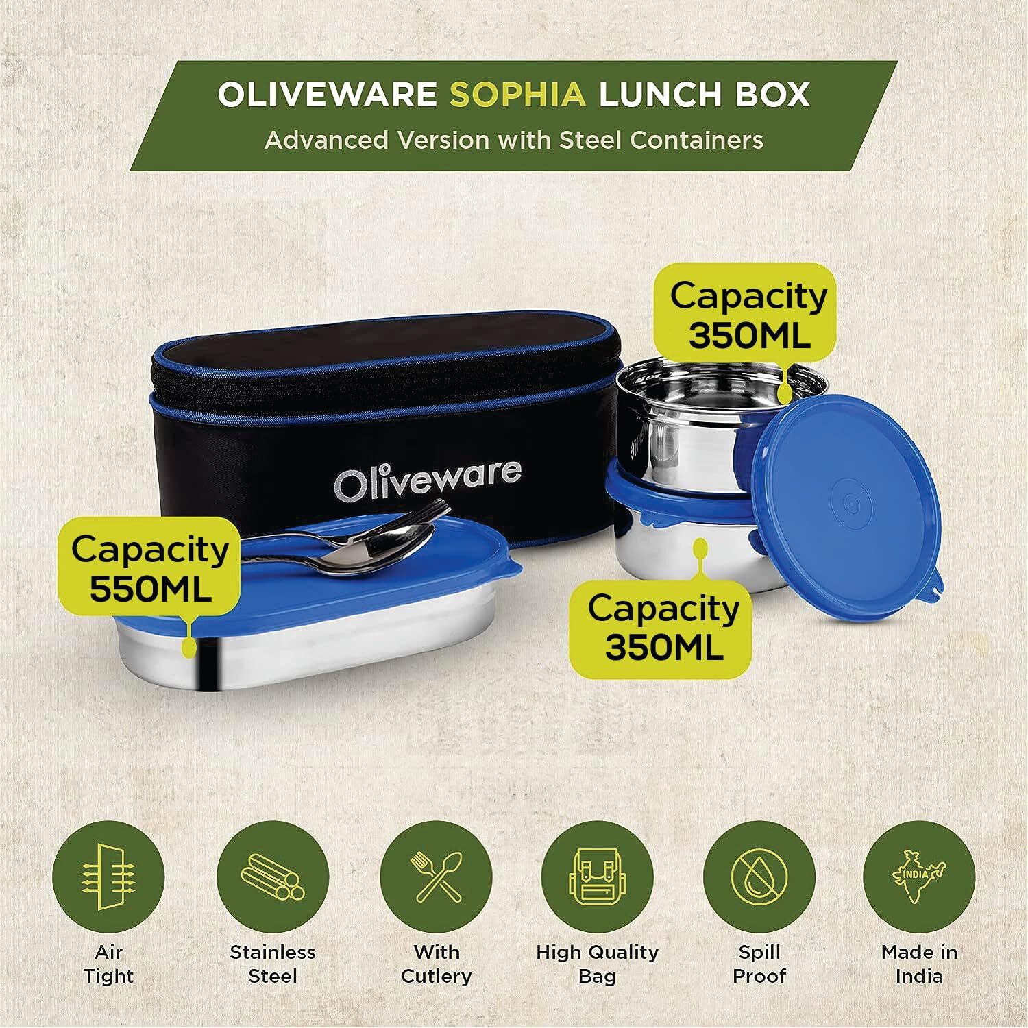 Stainless Steel Oliveware Sophia Lunch Box Spoon And Fork