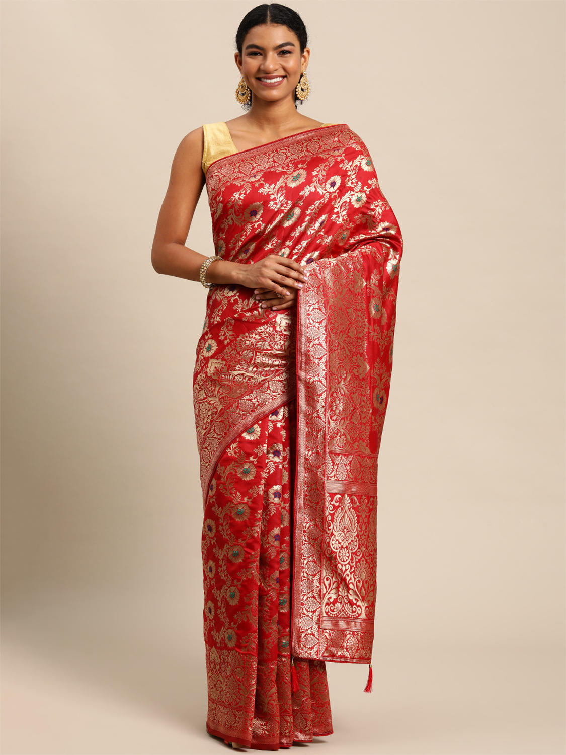 Silk Blend Golden Zari Saree - Color: Red
